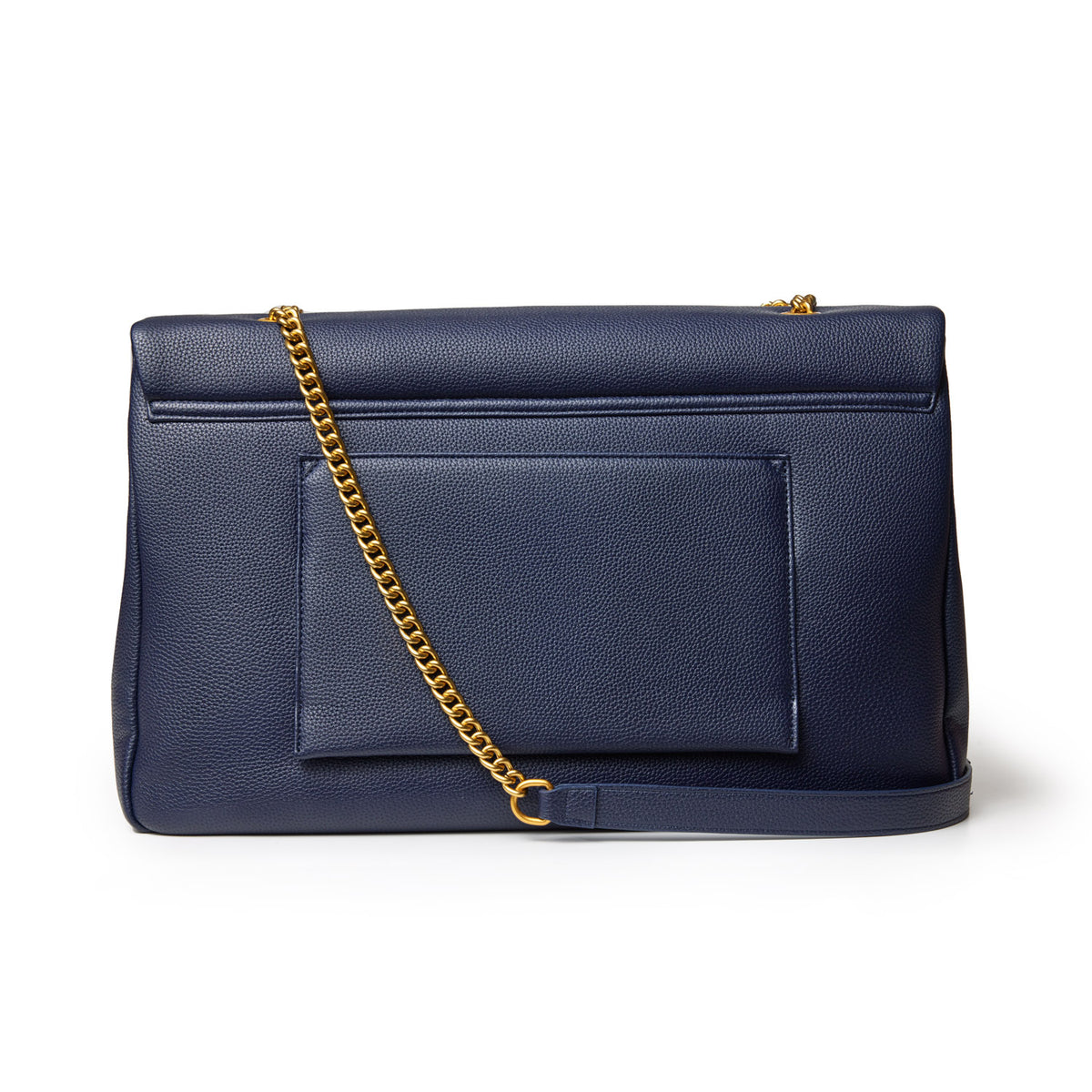 Large navy pebble leather flap bag with a front pocket and gold chain strap.
