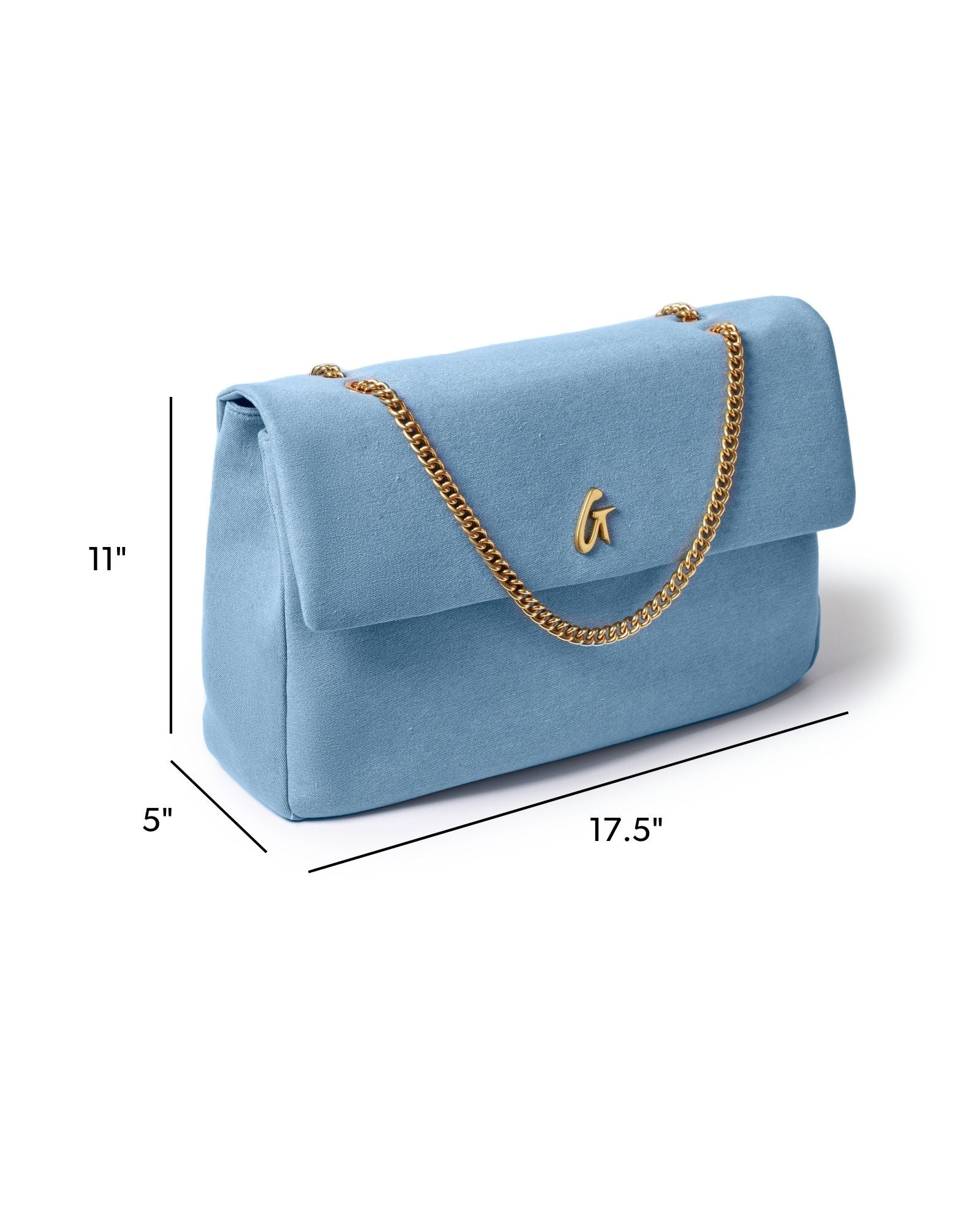 XL Denim Gold Flap Bag in light blue with gold chain detail, measuring 11 inches high, 17.5 inches wide, and 5 inches deep.