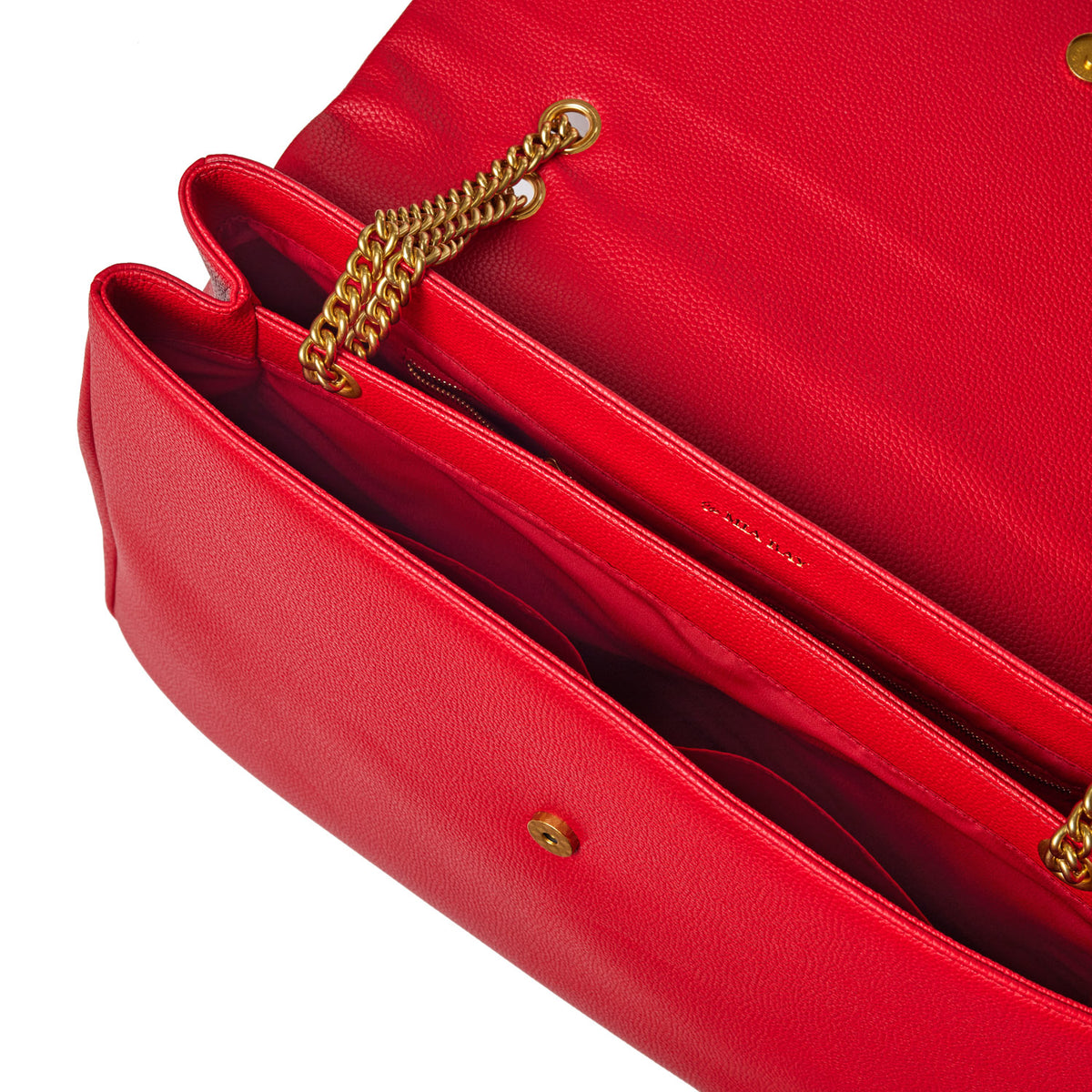 Red XL Pebble Flap Bag with gold chain strap, interior compartments, and textured leather finish.