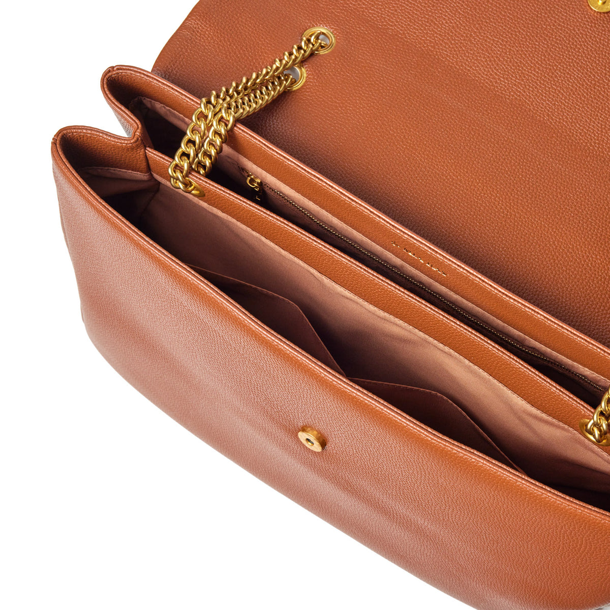 Brown XL Pebble Flap Bag with gold chain strap, multiple interior compartments, and a textured exterior.