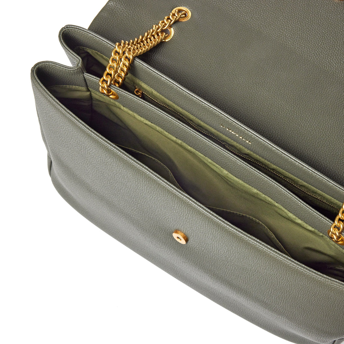 Olive green XL Pebble Flap Bag with gold chain strap, multiple interior compartments, and textured leather finish.