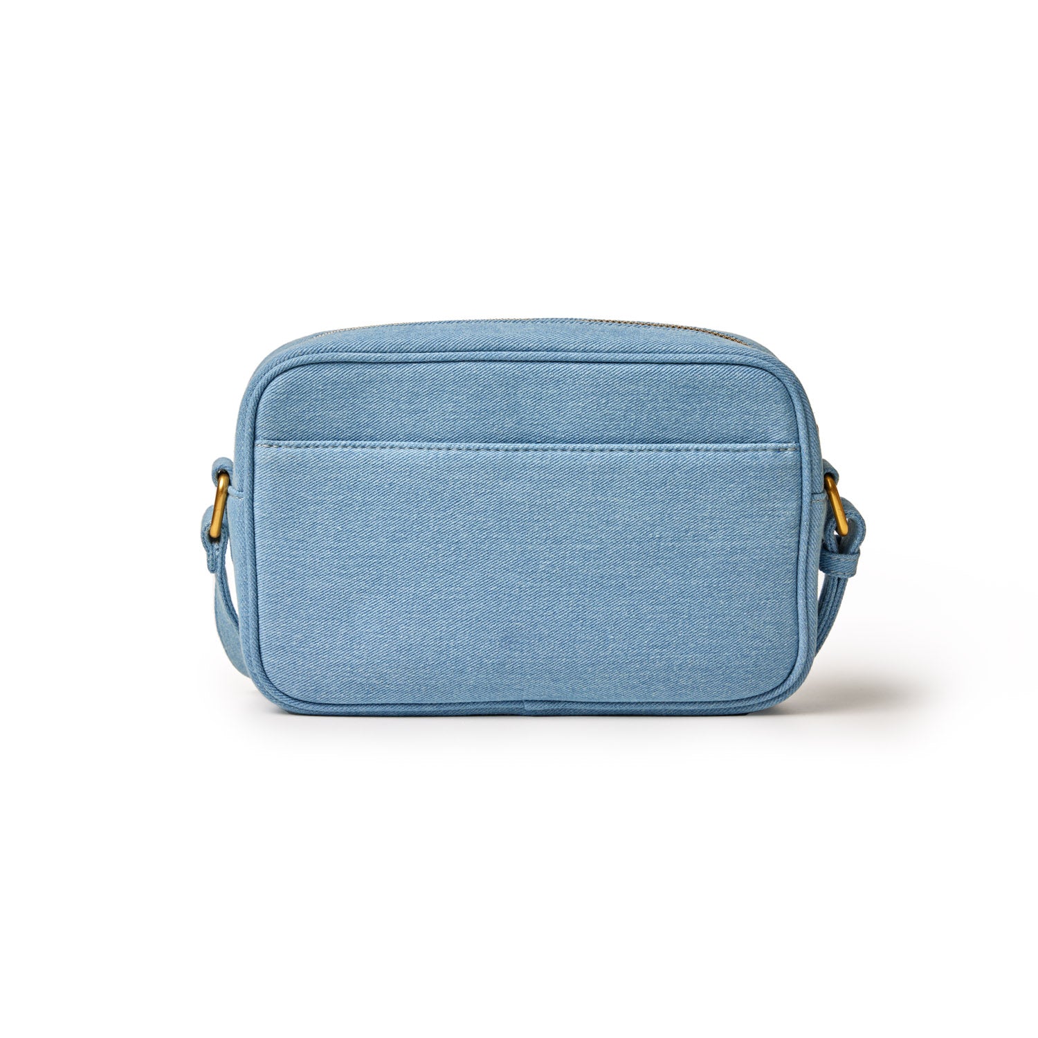 Light blue denim camera bag with a front pocket, gold hardware accents, and adjustable strap for casual style.