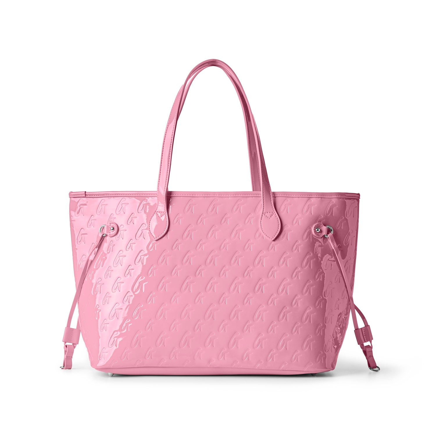 Stylish mirror pink tote bag featuring a monogram design and adjustable drawstring sides, perfect for everyday use.