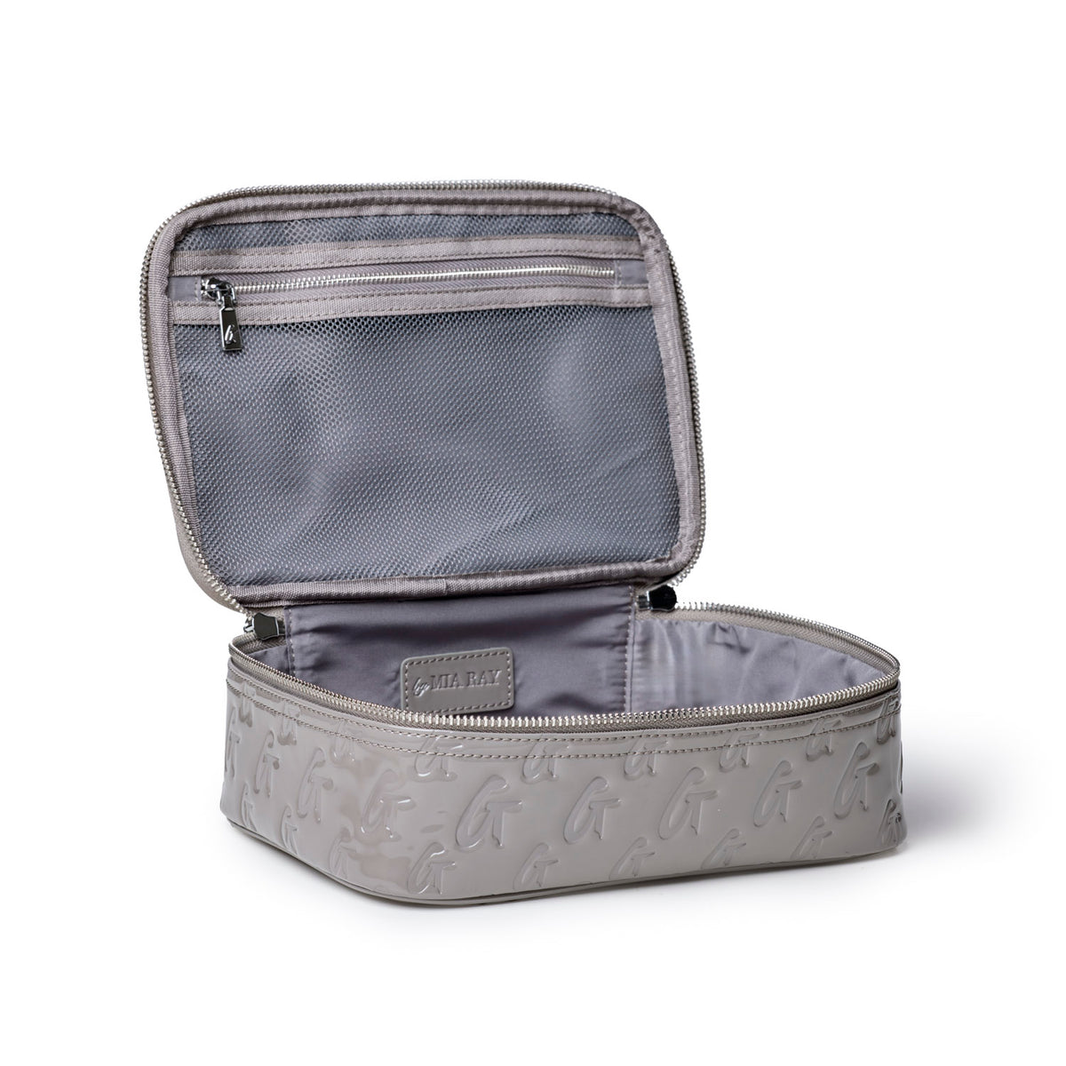 Medium monogram toiletry bag in mirror gray with a zippered closure and spacious interior for organizing essentials.