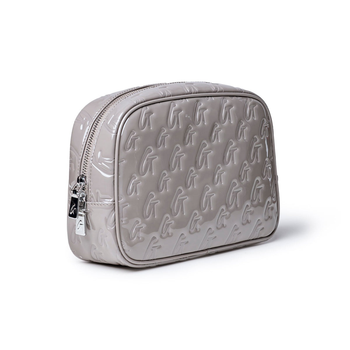 Small monogram toiletry bag in mirror gray with a sleek design and zip closure, perfect for travel and organization.