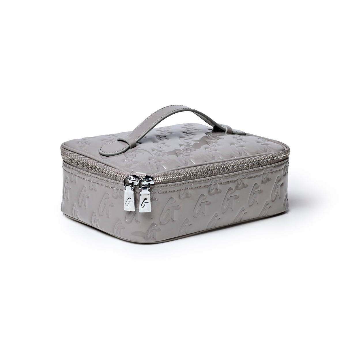 Medium monogram toiletry bag in mirror gray with a zip closure and handle, perfect for stylish organization.