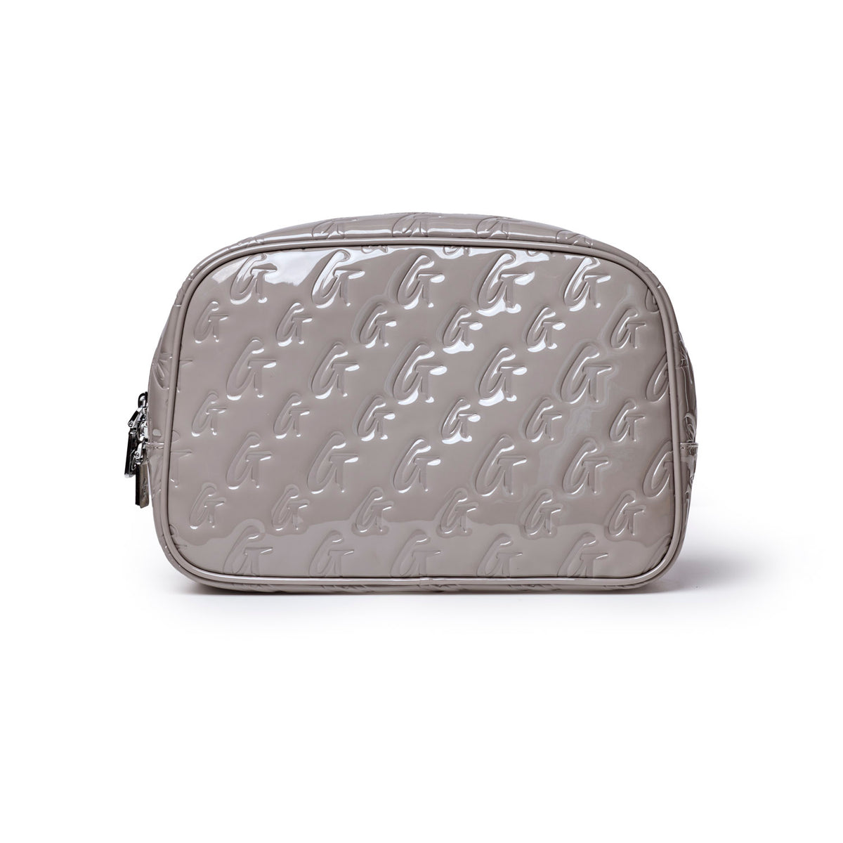 Small monogram toiletry bag in mirror gray with a sleek, glossy finish and zip closure for stylish organization.