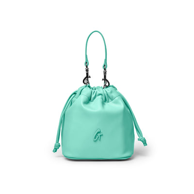 Teal mini drawstring bucket bag with a sleek design and adjustable shoulder strap, perfect for stylish everyday use.