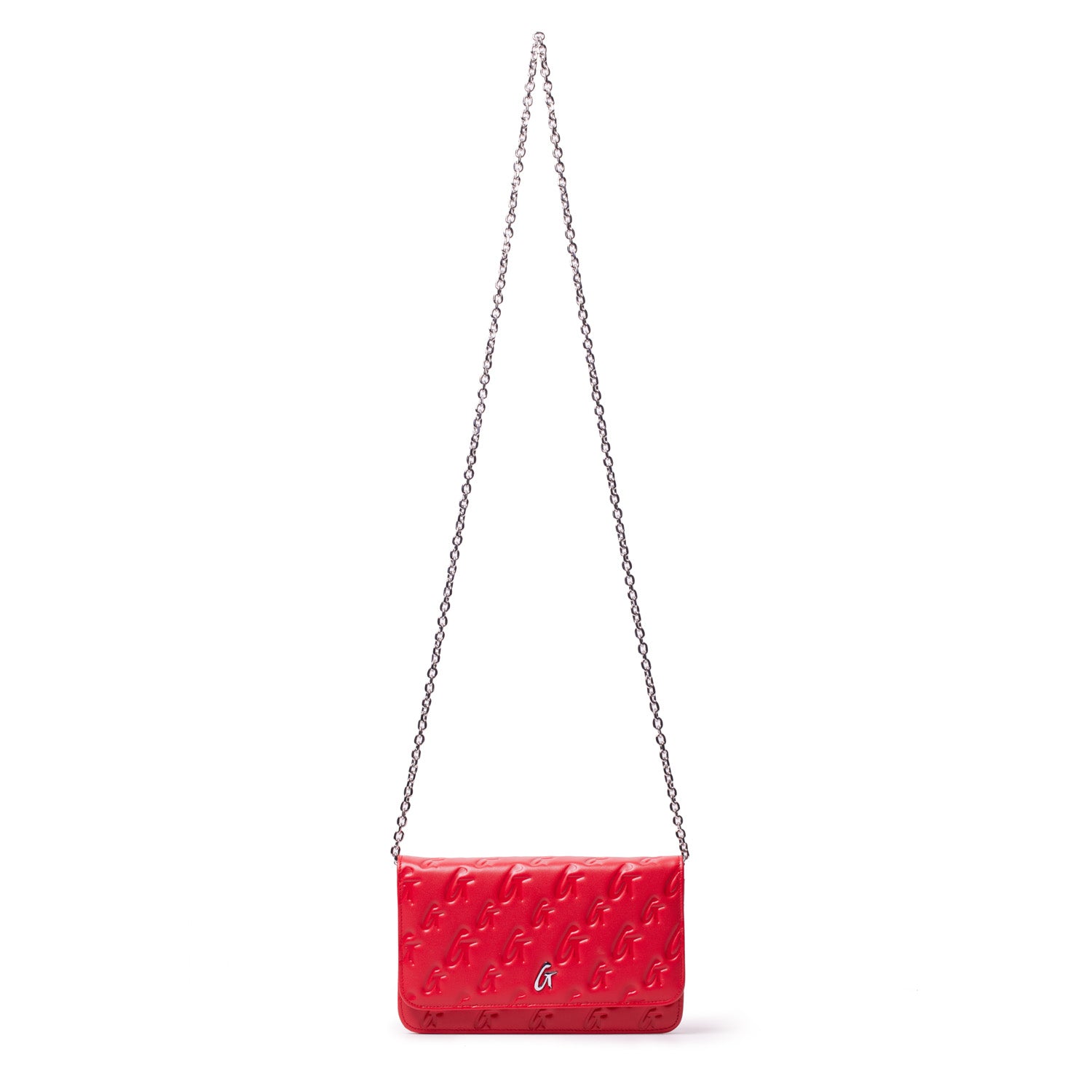 Red Monogram Silver WOC handbag with a chain strap and embossed pattern, featuring a small silver logo on the front.