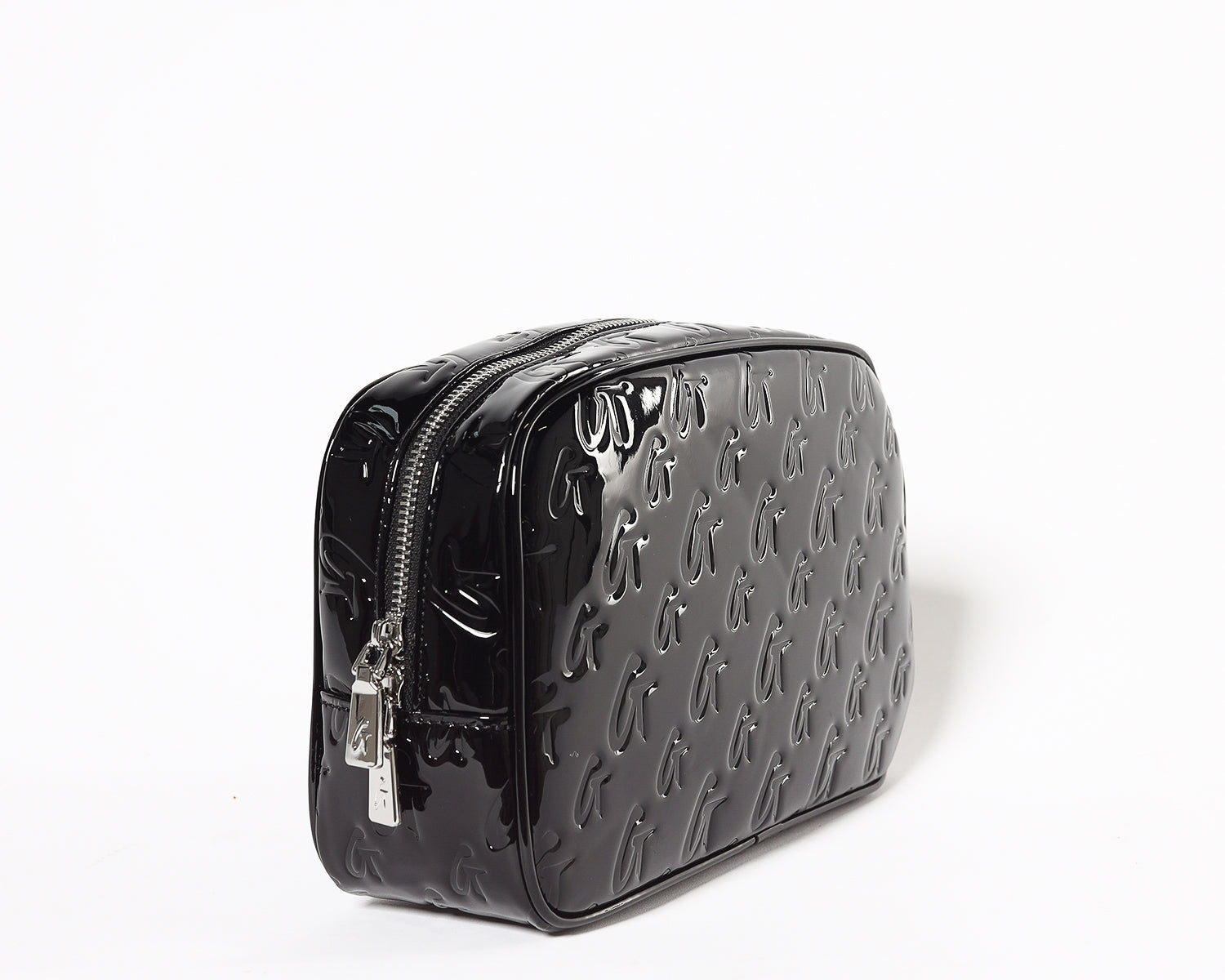 Small black toiletry bag with a monogram pattern, glossy finish, and a silver zipper.