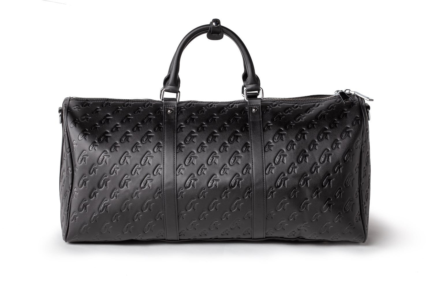 Black monogram travel set featuring a spacious duffel bag with stylish embossed detailing and sturdy handles.