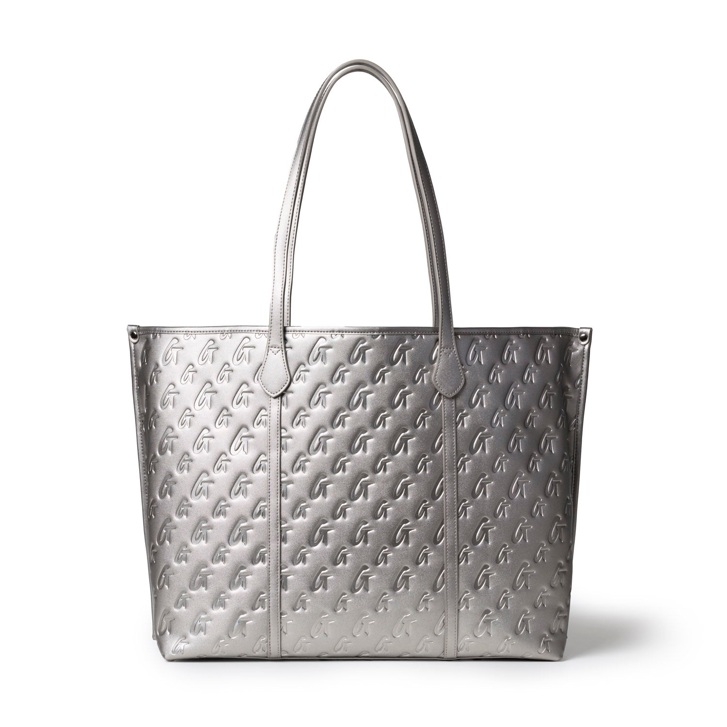 Sleek platinum tote bag with embossed monogram design, featuring sturdy handles and a spacious interior.