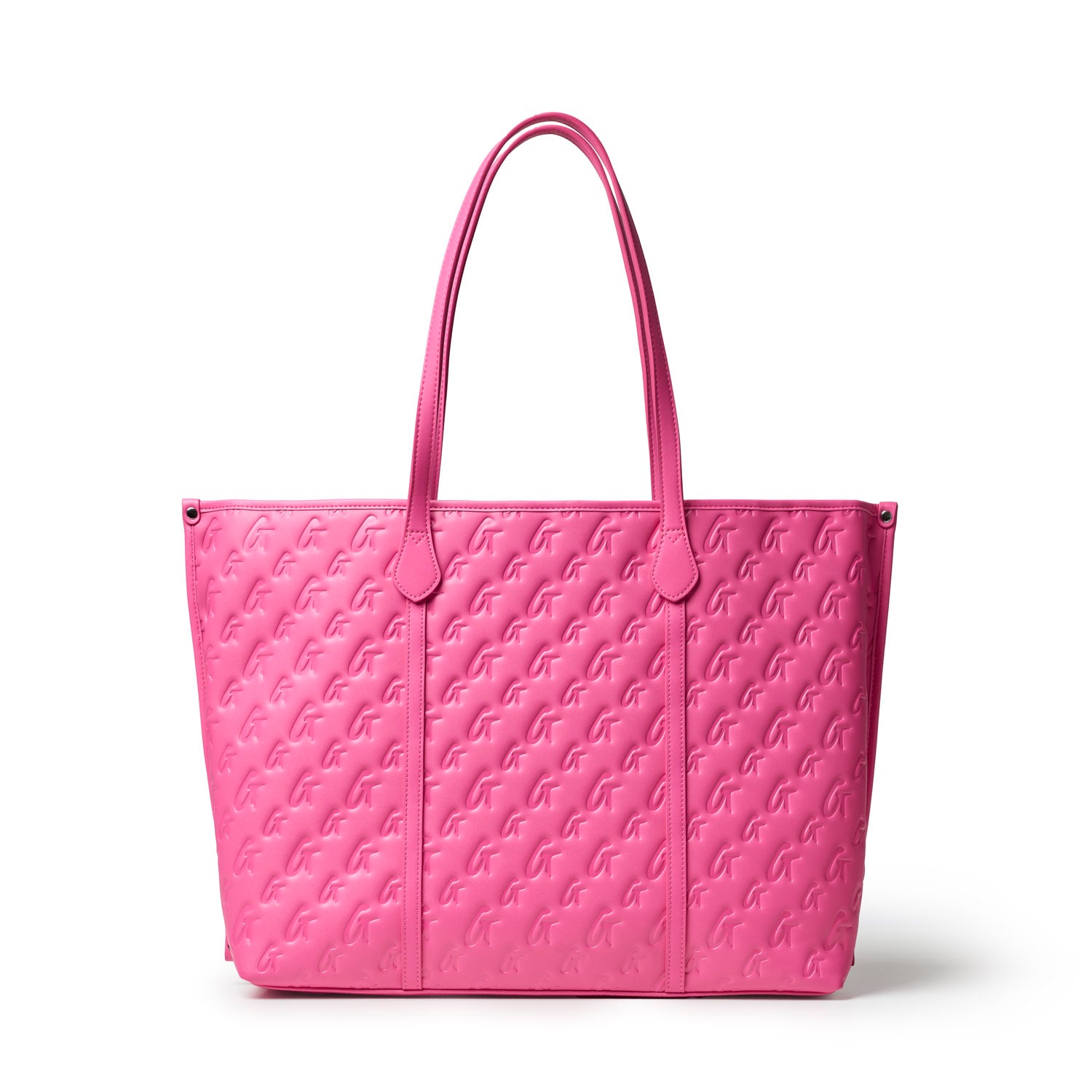 Hot pink XL monogram sleek tote with dual handles, featuring a textured logo design for a stylish, affordable luxury look.