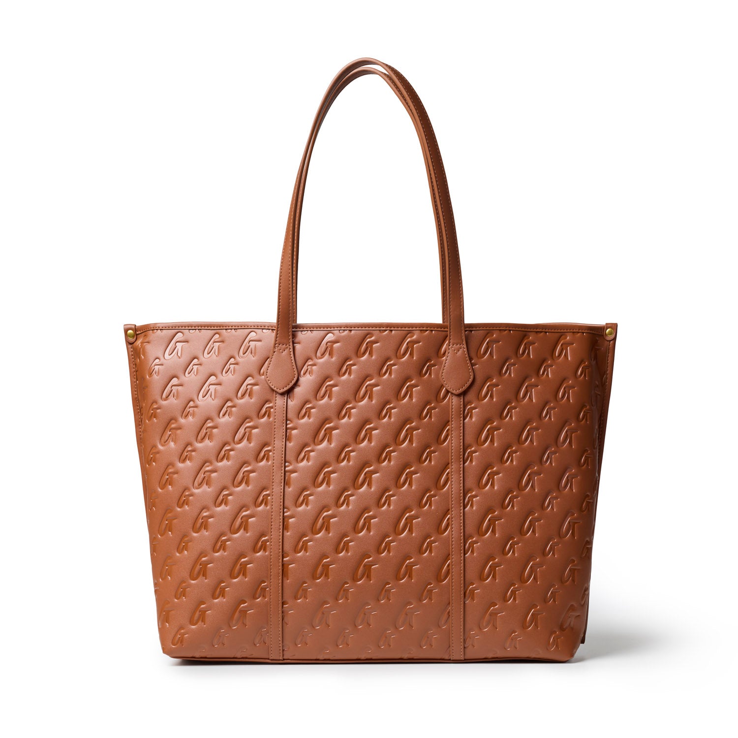 Brown XL monogram sleek tote with embossed logo, spacious design, and sturdy handles for stylish everyday use.