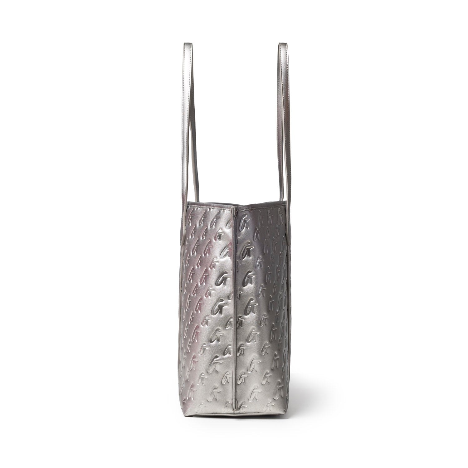 Sleek platinum XL monogram tote with embossed pattern and long straps, perfect for stylish everyday use.