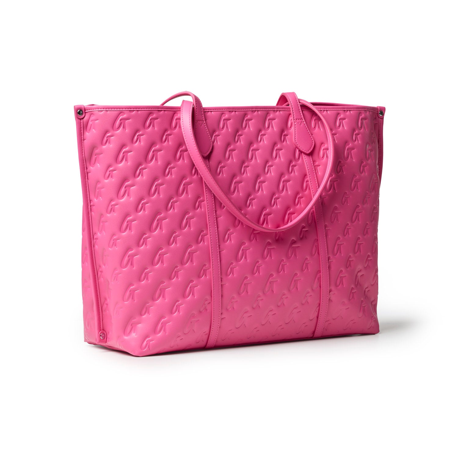 Hot pink XL monogram sleek tote with embossed logo, spacious design, and sturdy handles for stylish everyday use.