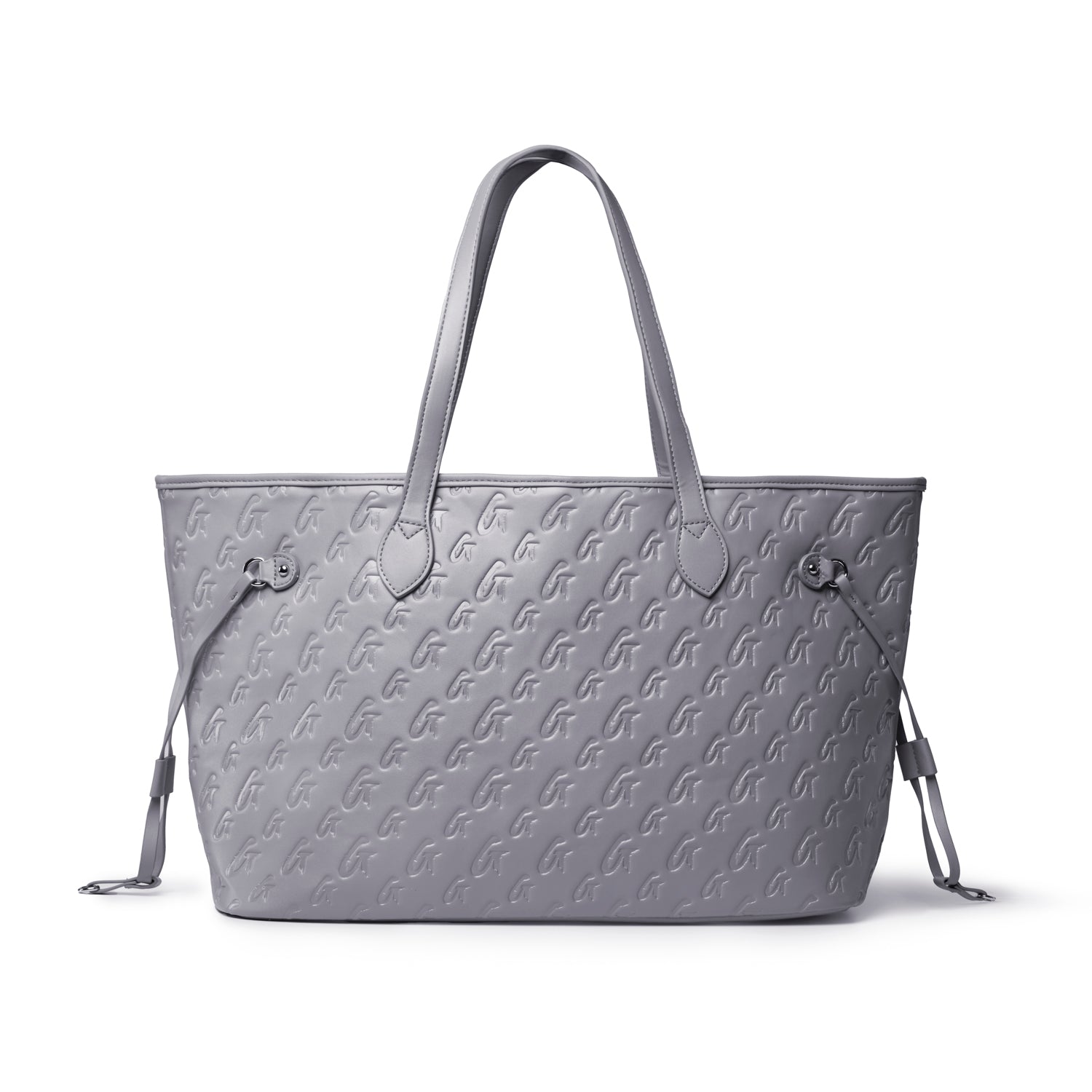 Gray monogram tote bag with stylish embossed logo, featuring dual handles and a spacious interior for everyday use.