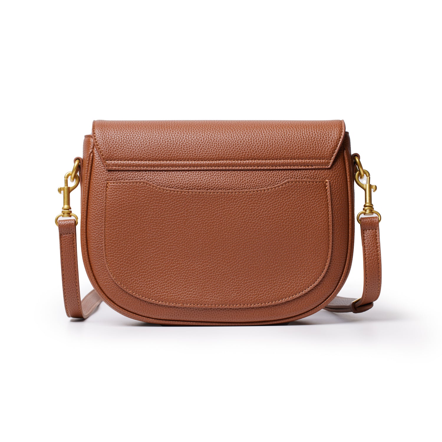 Large brown pebble shoulder bag with a front pocket, gold hardware, and adjustable strap on a white background.