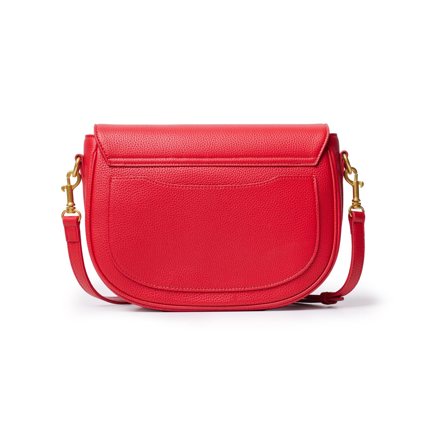Red large pebble shoulder bag with a curved shape, gold hardware, and adjustable strap, perfect for casual or chic looks.