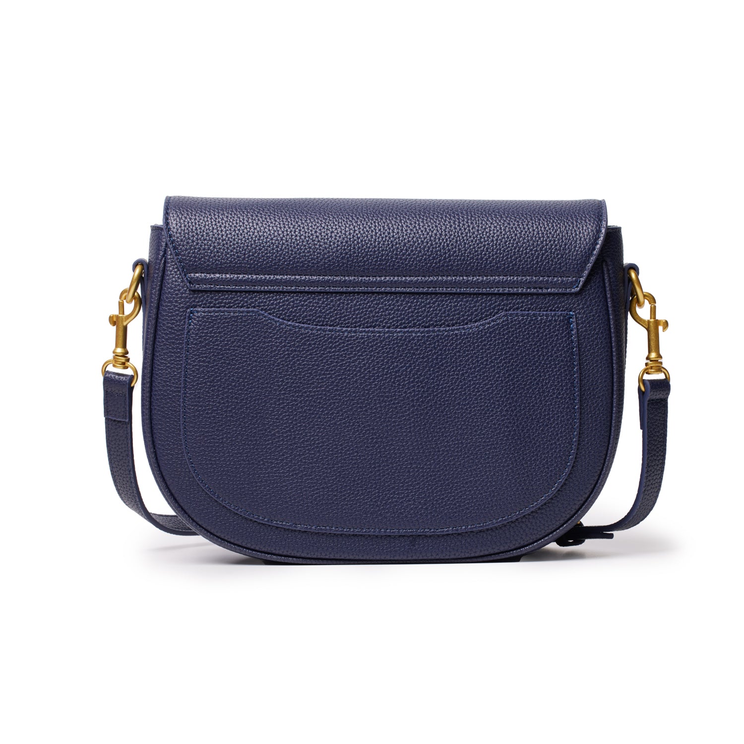 Large navy pebble leather shoulder bag with a front pocket and gold-tone hardware, adjustable strap included.
