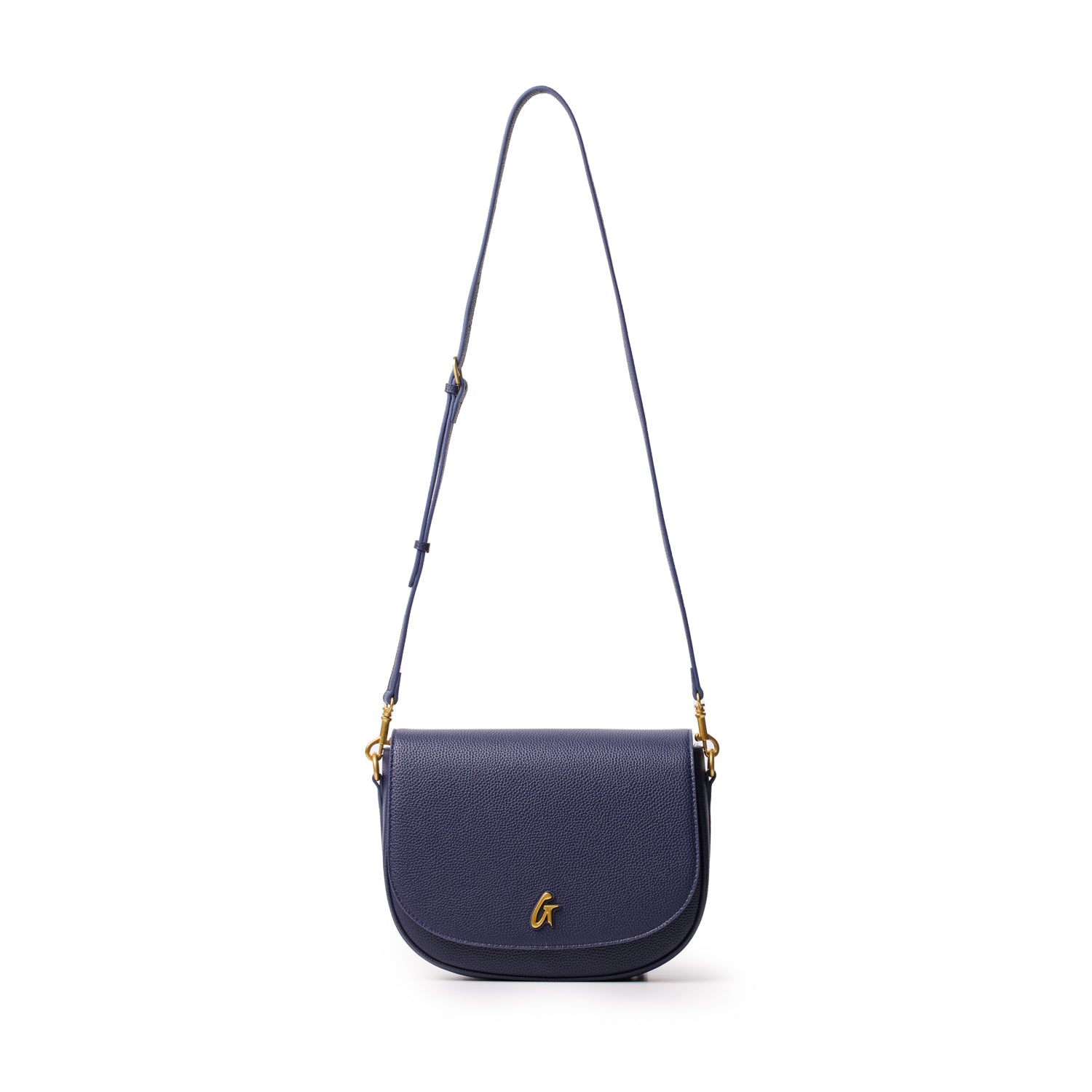 Large navy pebble leather shoulder bag with gold-tone hardware and a front gold "G" logo, featuring an adjustable strap.