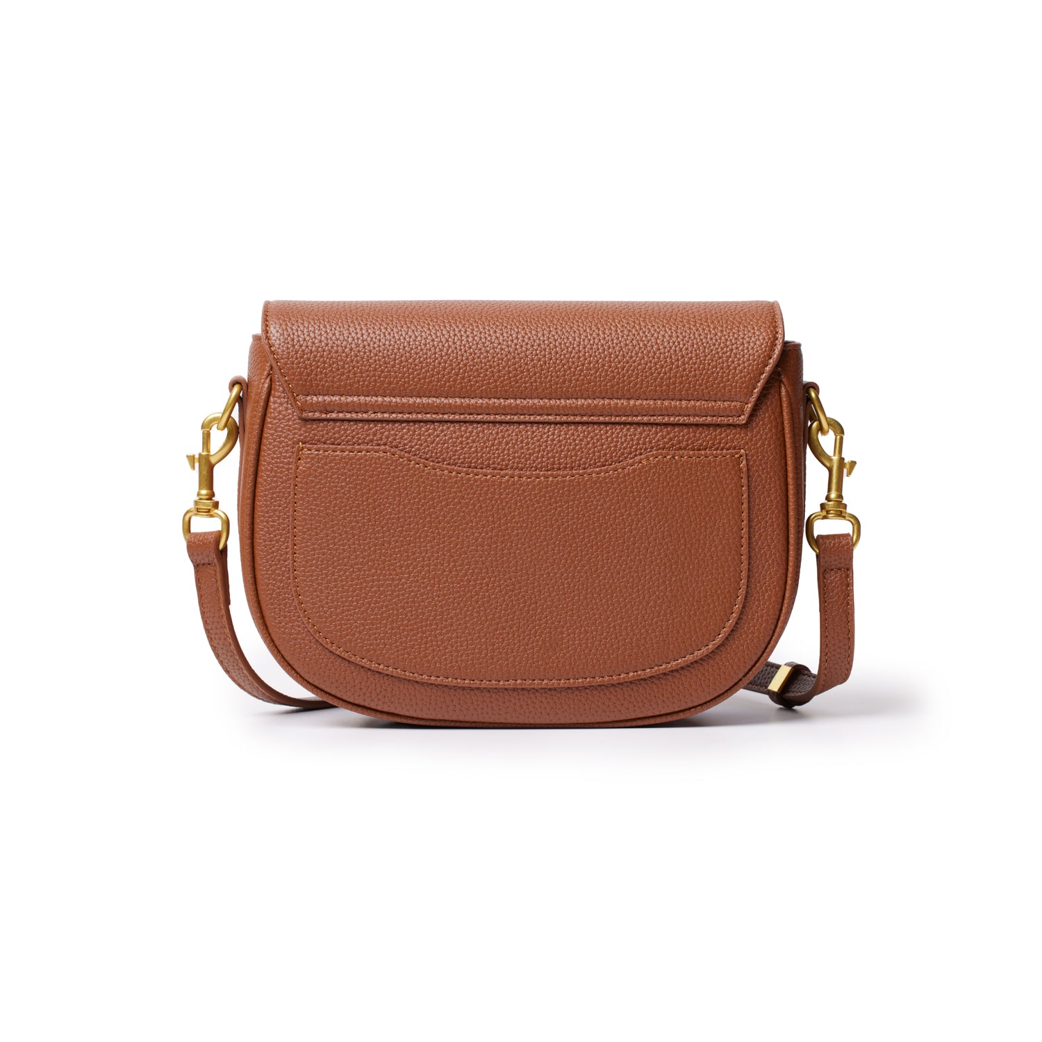 Medium brown pebble leather shoulder bag with front pocket, gold hardware, and adjustable strap.