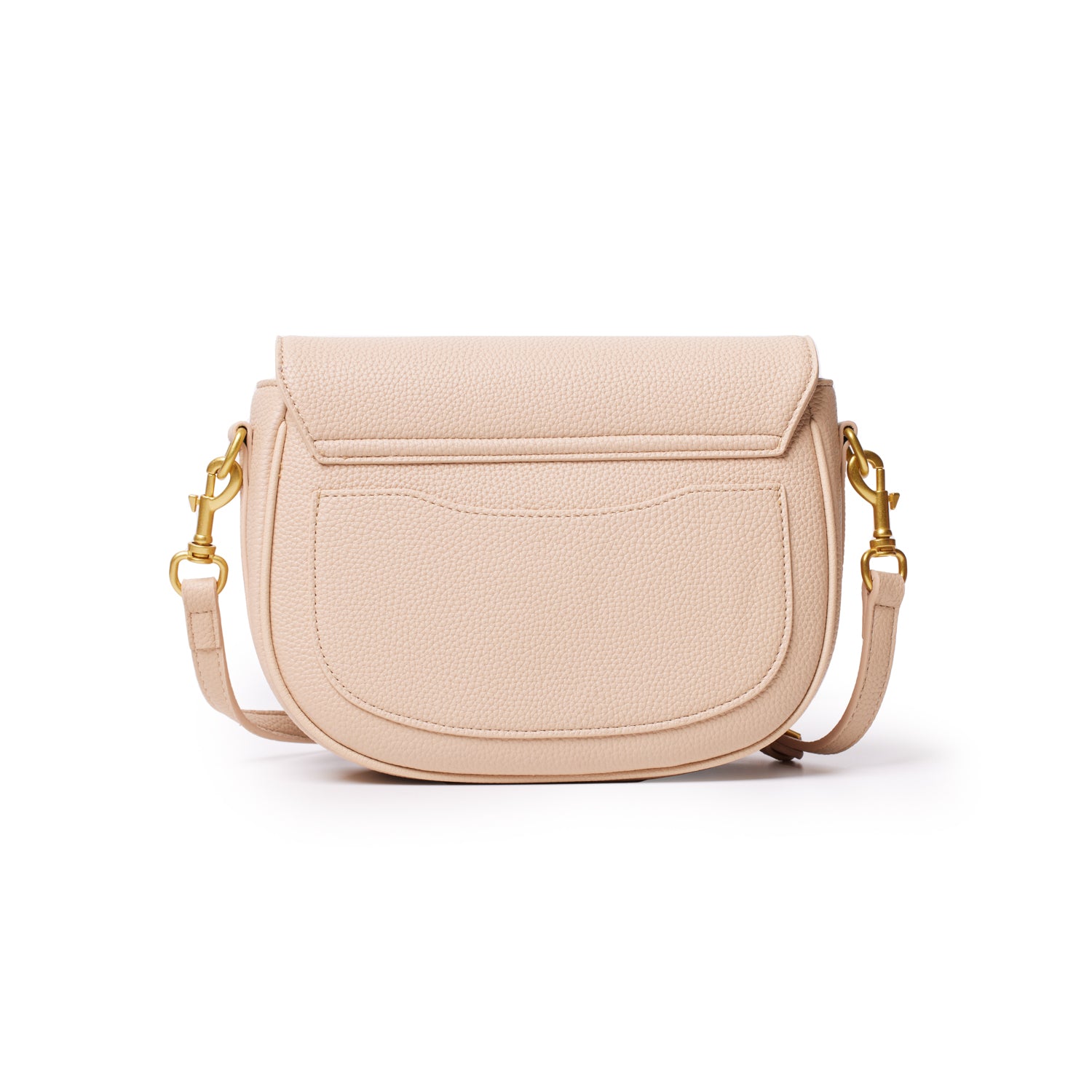 Medium nude pebble shoulder bag with a front pocket, gold hardware, and an adjustable strap.