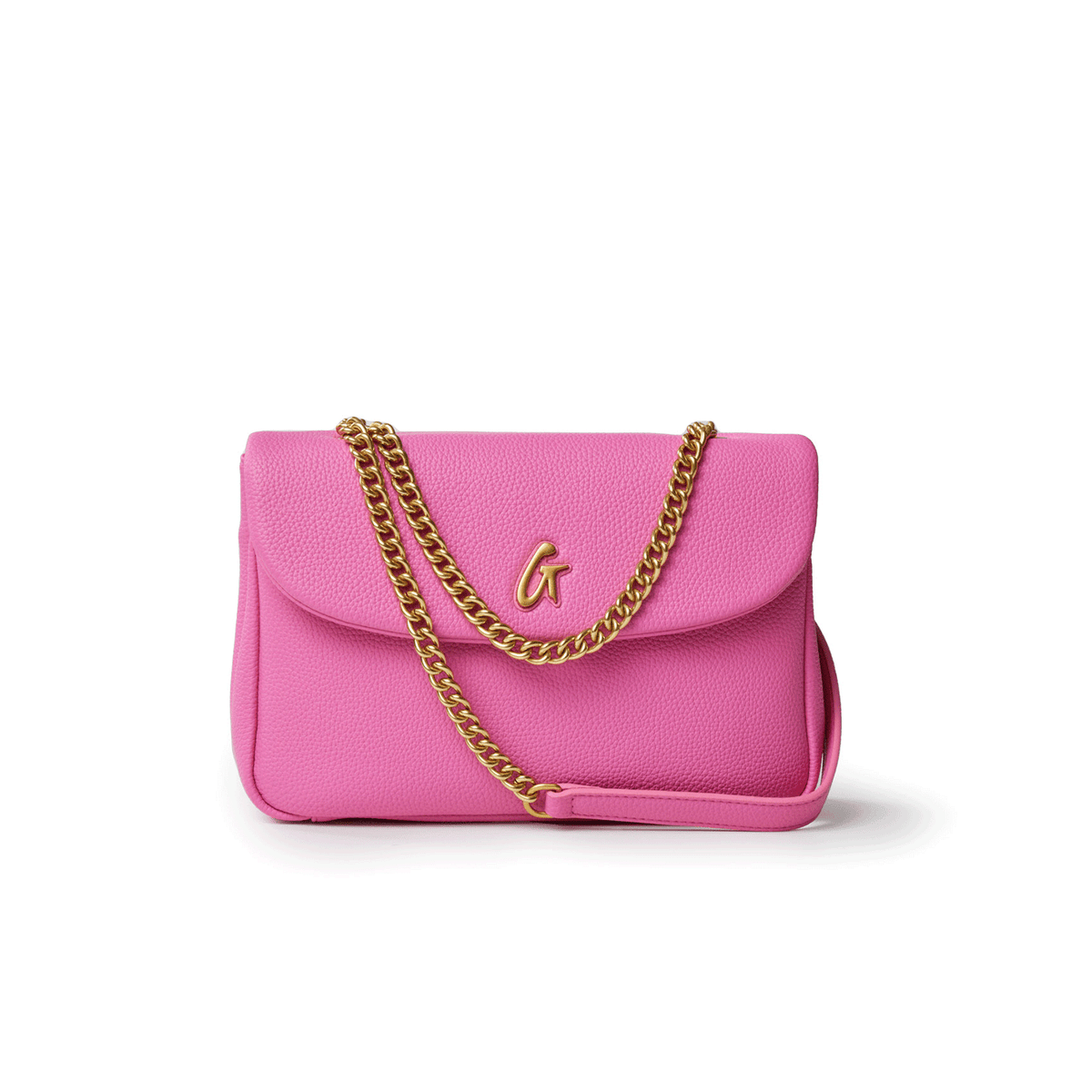 Medium hot pink pebble flap bag with a gold chain strap and a gold "G" logo on the front.