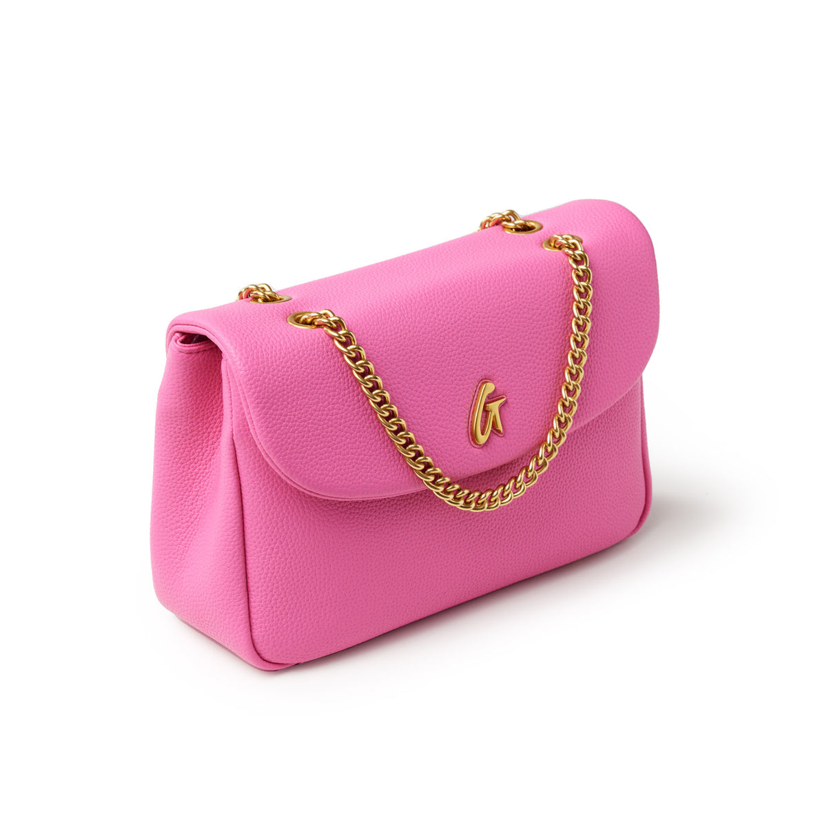 Medium hot pink pebble leather flap bag with gold chain strap and a gold "G" logo on the front.