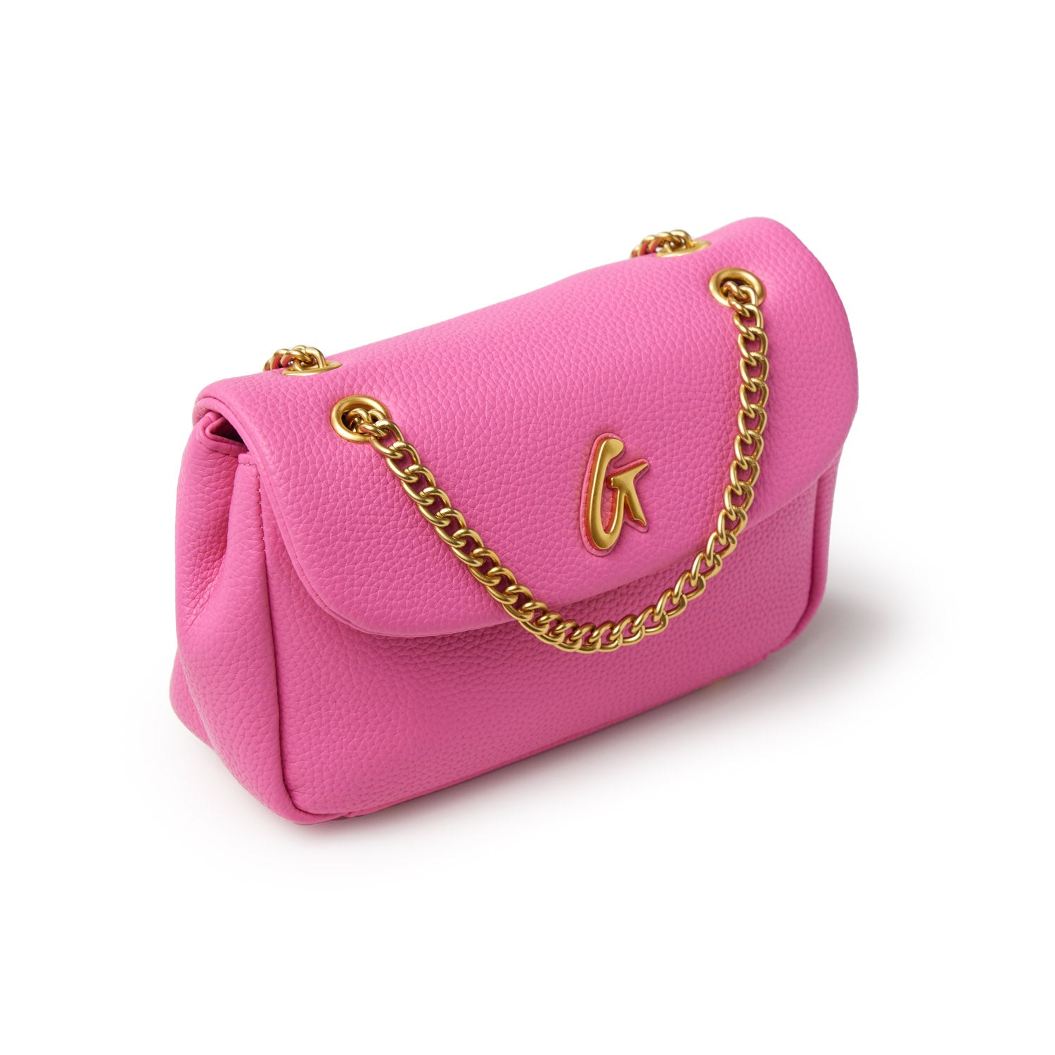 Mini pebble flap bag in hot pink with a gold chain strap and a gold "G" logo on the front.