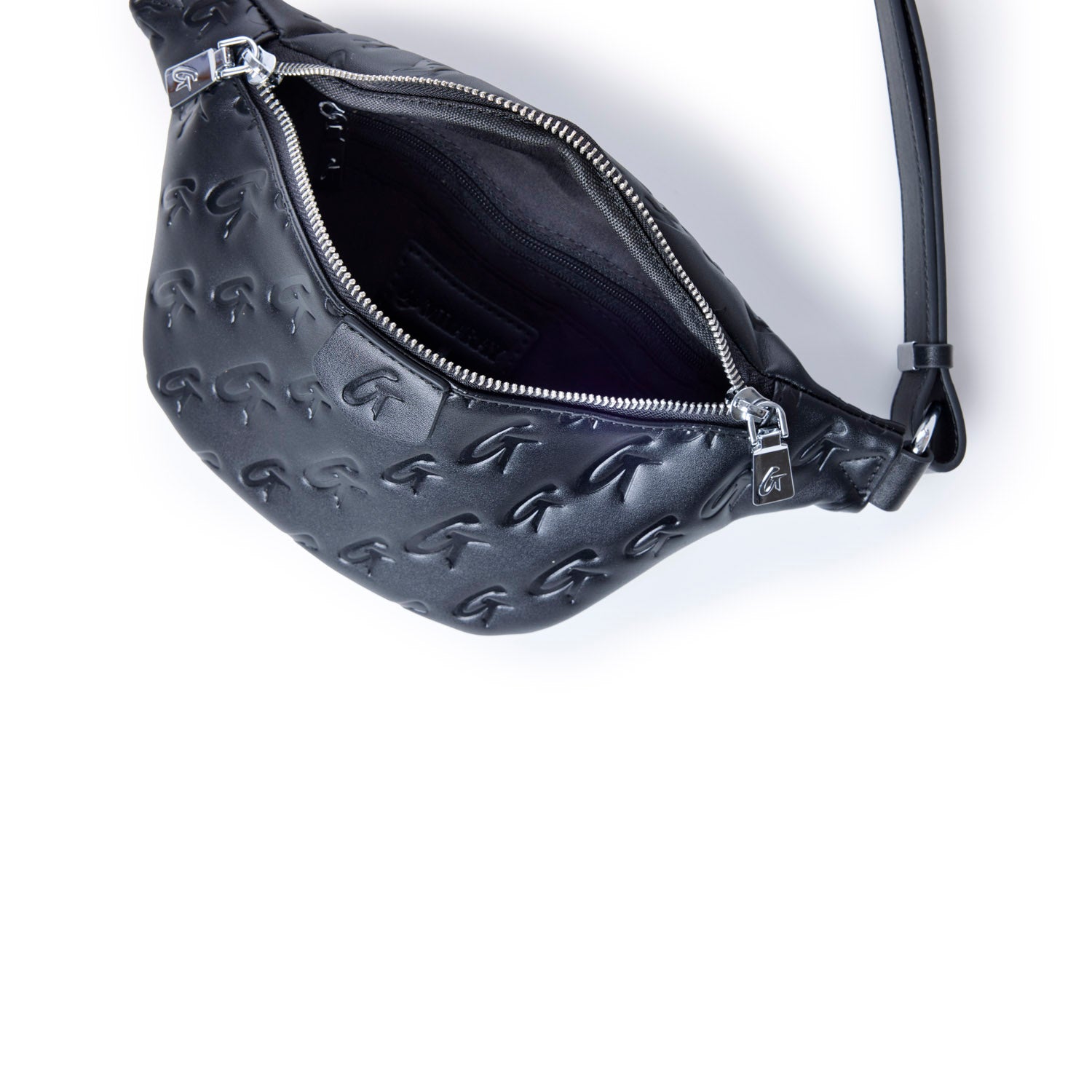 Black mini monogram fanny pack with a zip closure and embossed logo, perfect for stylish hands-free wear.