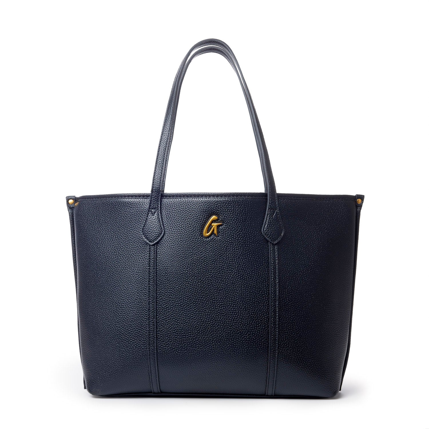 Black Pebble Sleek Tote featuring a textured finish, gold logo, and sturdy handles for stylish everyday use.