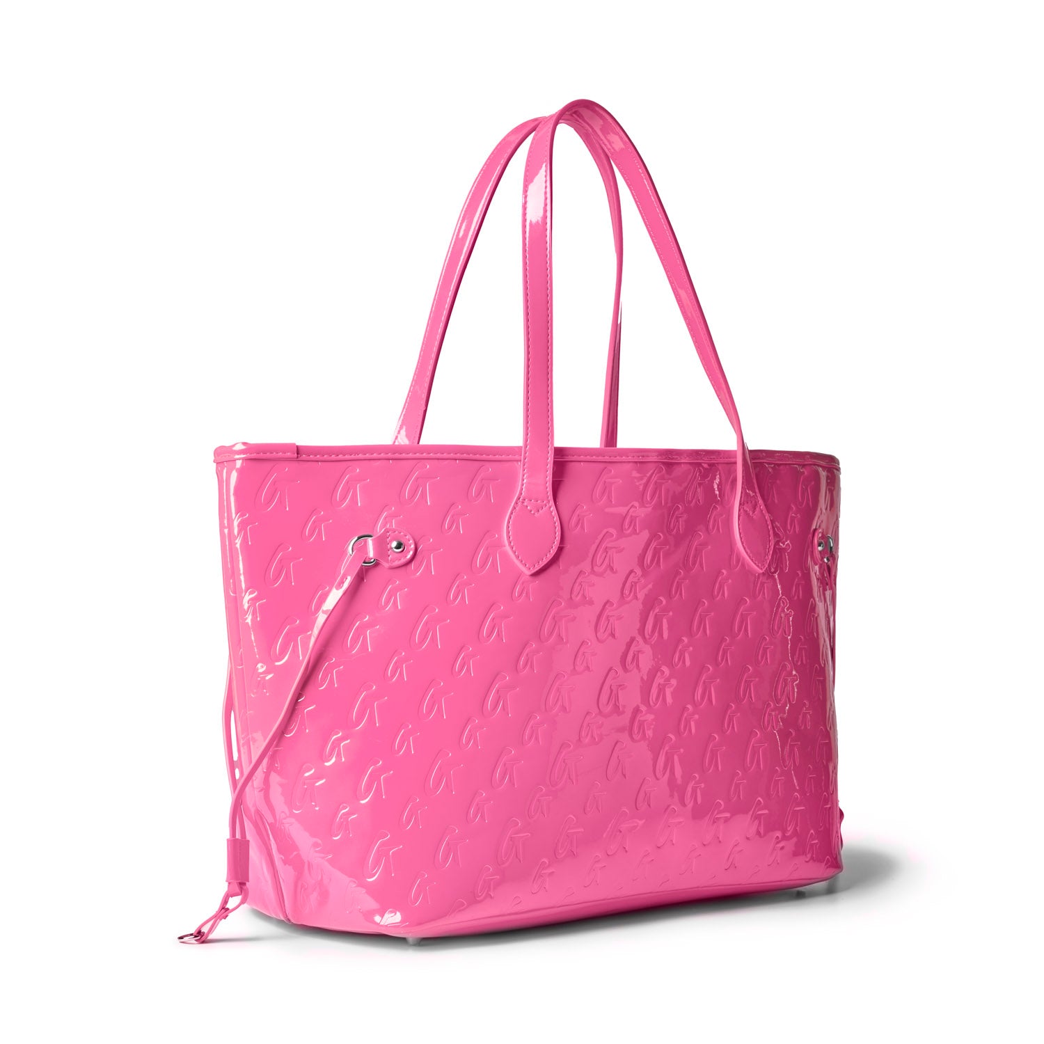 Hot pink monogram tote bag with glossy finish, featuring dual handles and stylish design for chic everyday use.