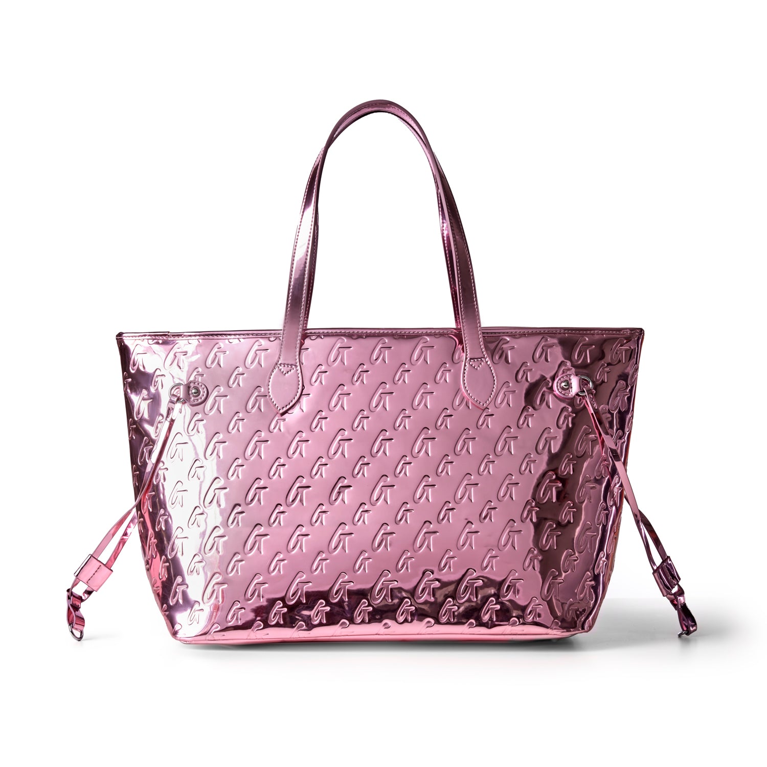 Metallic pink monogram tote bag with dual handles and detachable wristlet for stylish, affordable luxury.