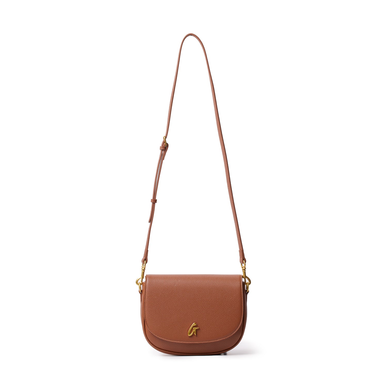 Medium brown pebble-textured shoulder bag with a gold logo, adjustable strap, and compact, rounded design.