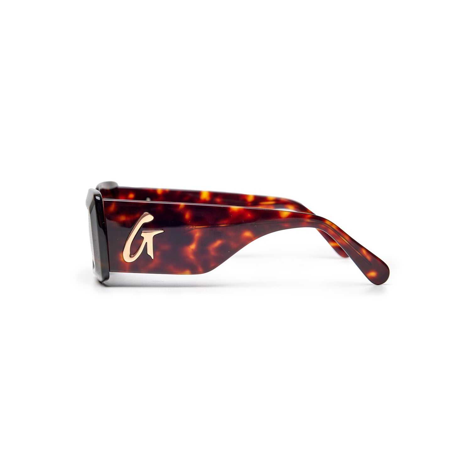 Tortoise sunglasses with a sleek design and gold logo on the temple, perfect for a stylish accessory.