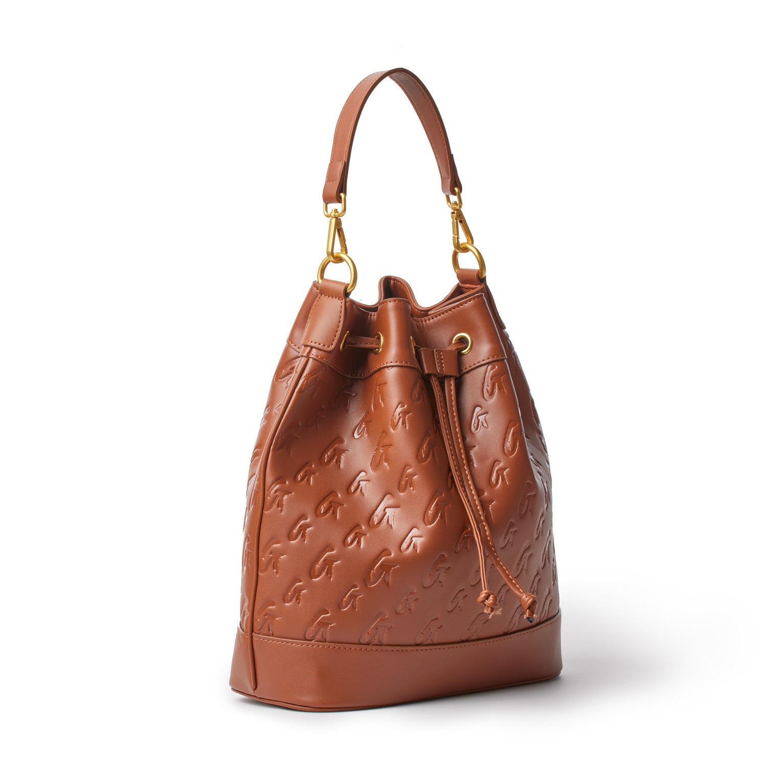 Brown Monogram Bucket Bag bundle with embossed logo pattern, drawstring closure, and gold-tone hardware.