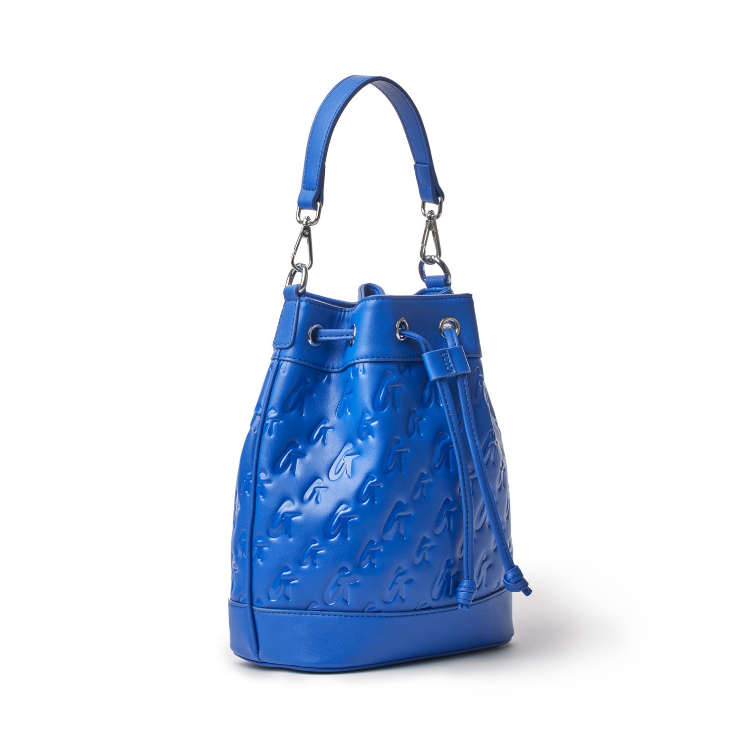 Medium blue monogram bucket bag featuring a textured design, adjustable strap, and drawstring closure for stylish versatility.