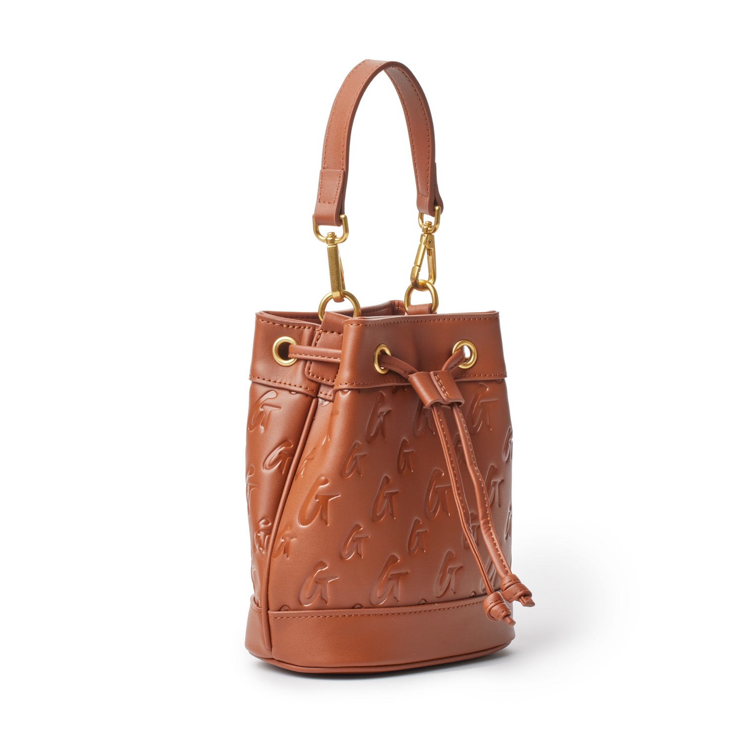 Brown Monogram Bucket Bag bundle with embossed logo pattern, drawstring closure, and adjustable strap with gold hardware.