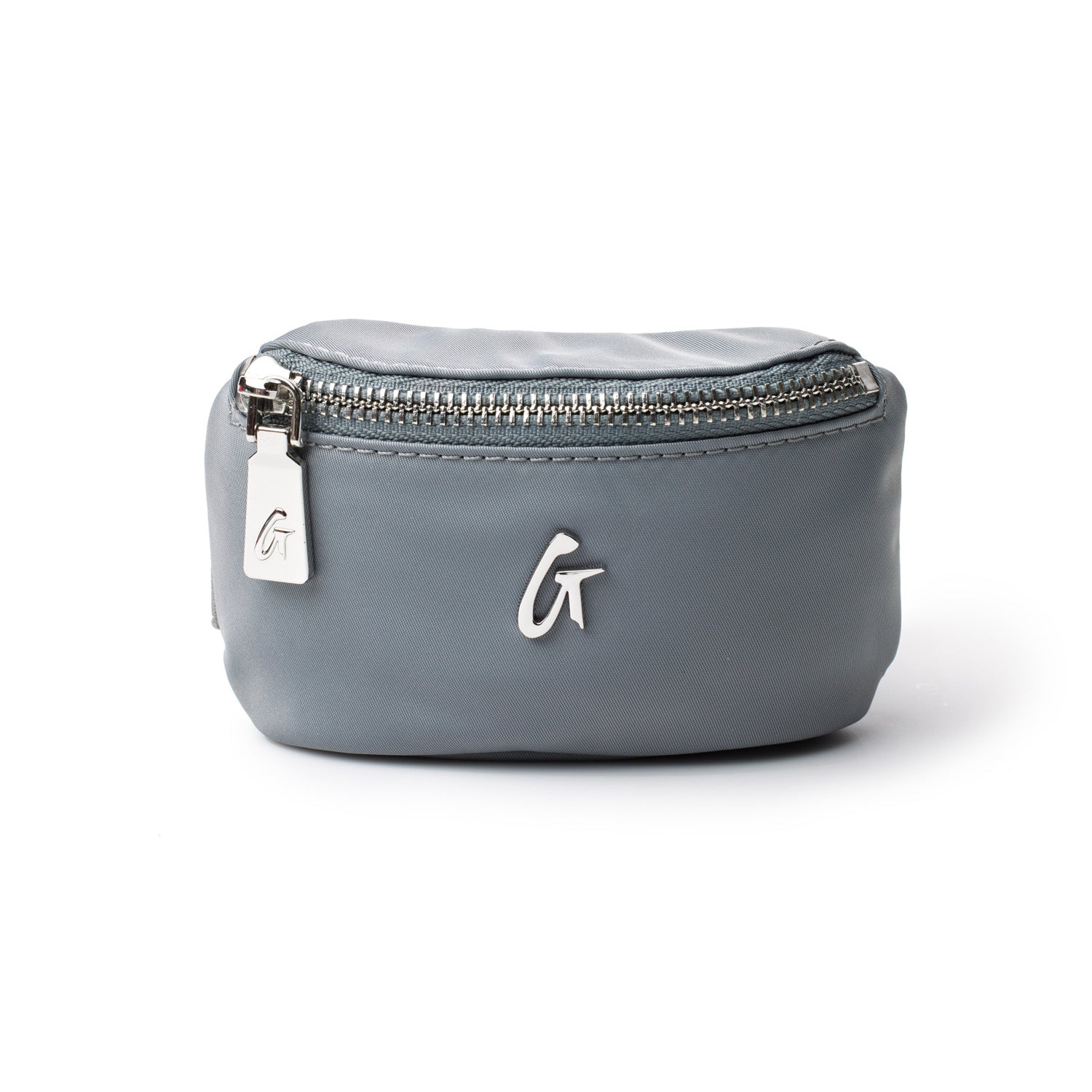 Gray nylon wristlet featuring a zip closure and a sleek design, perfect for carrying essentials on the go.