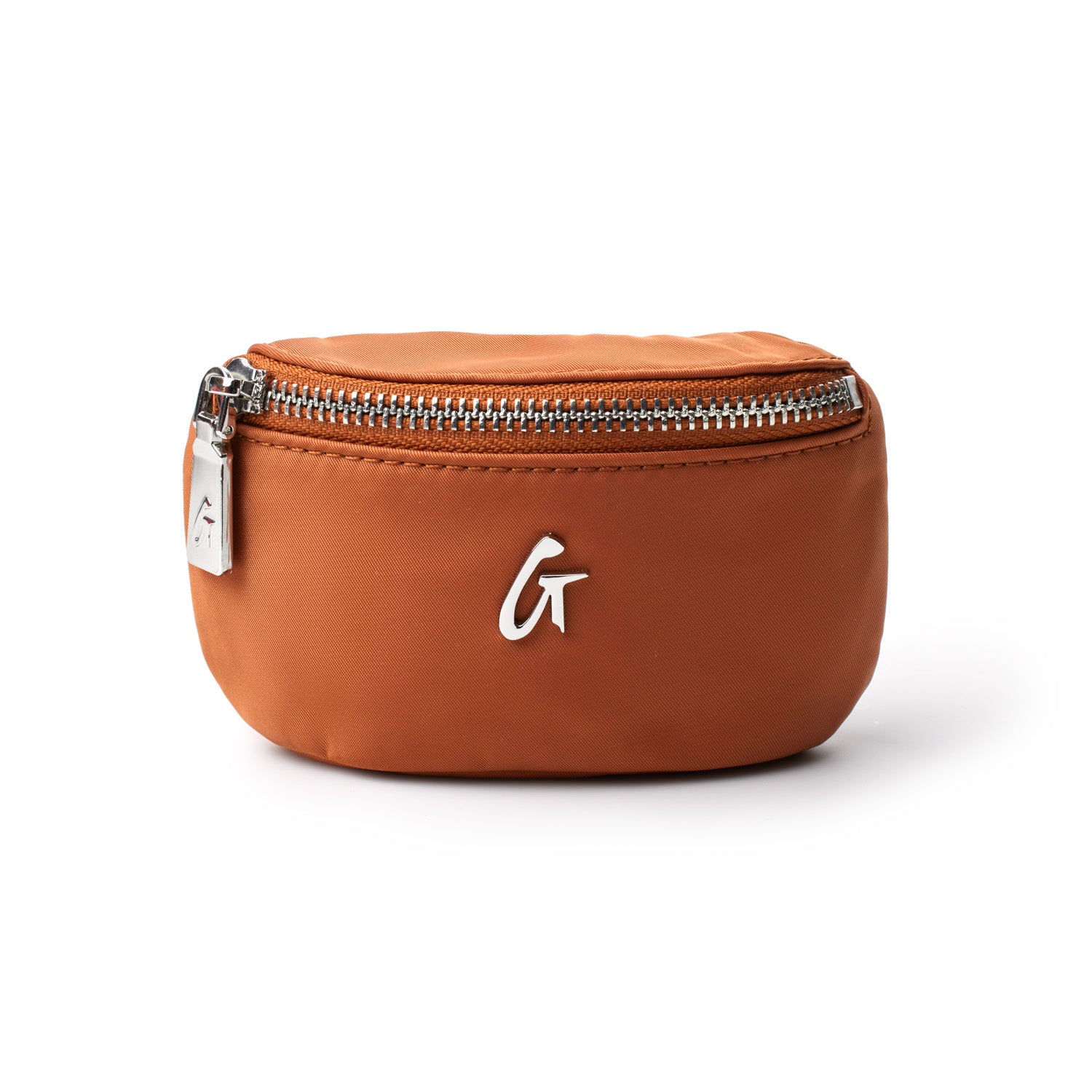 Brown nylon wristlet with a sleek design and silver zipper, featuring a subtle logo on the front. Ideal for stylish organization.