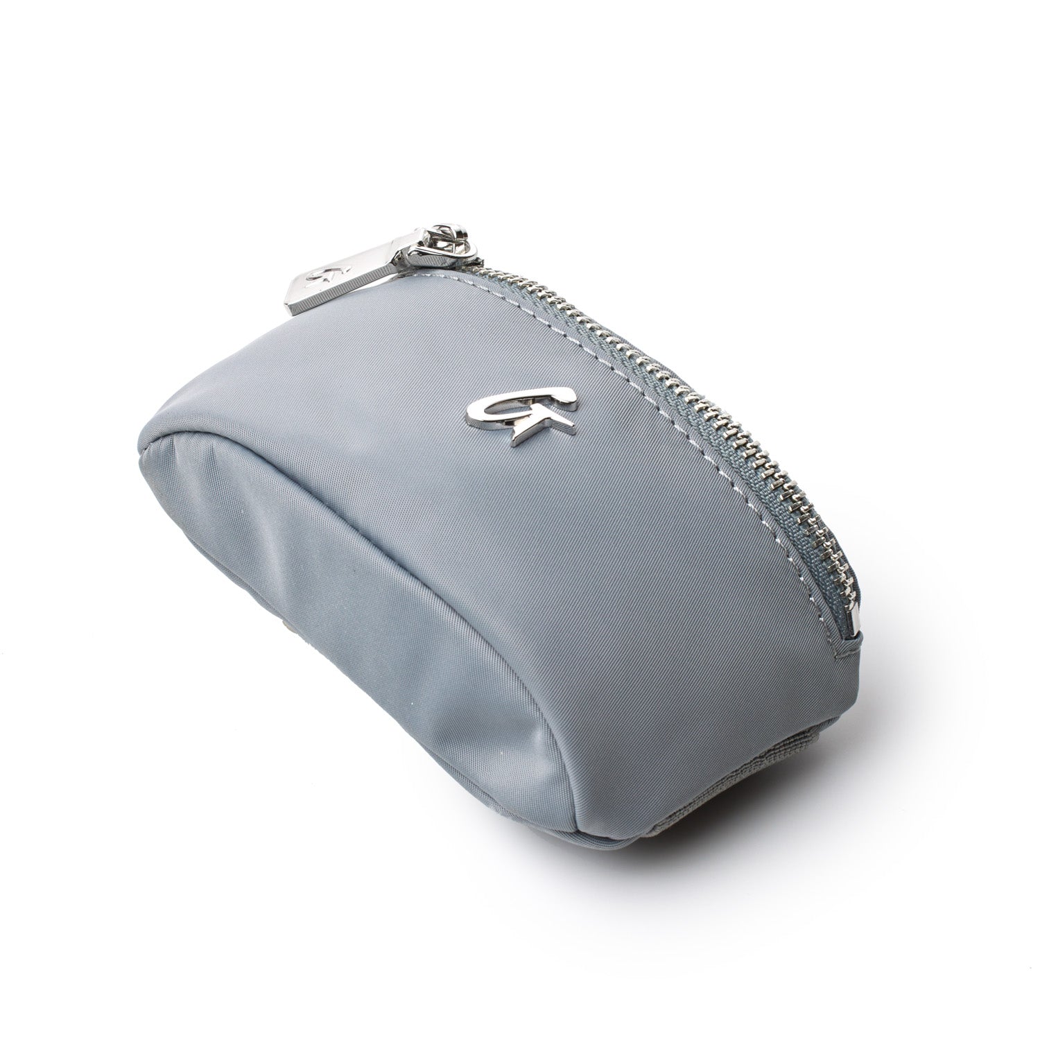 Gray nylon wristlet with a silver zipper and logo, perfect for carrying essentials in style.