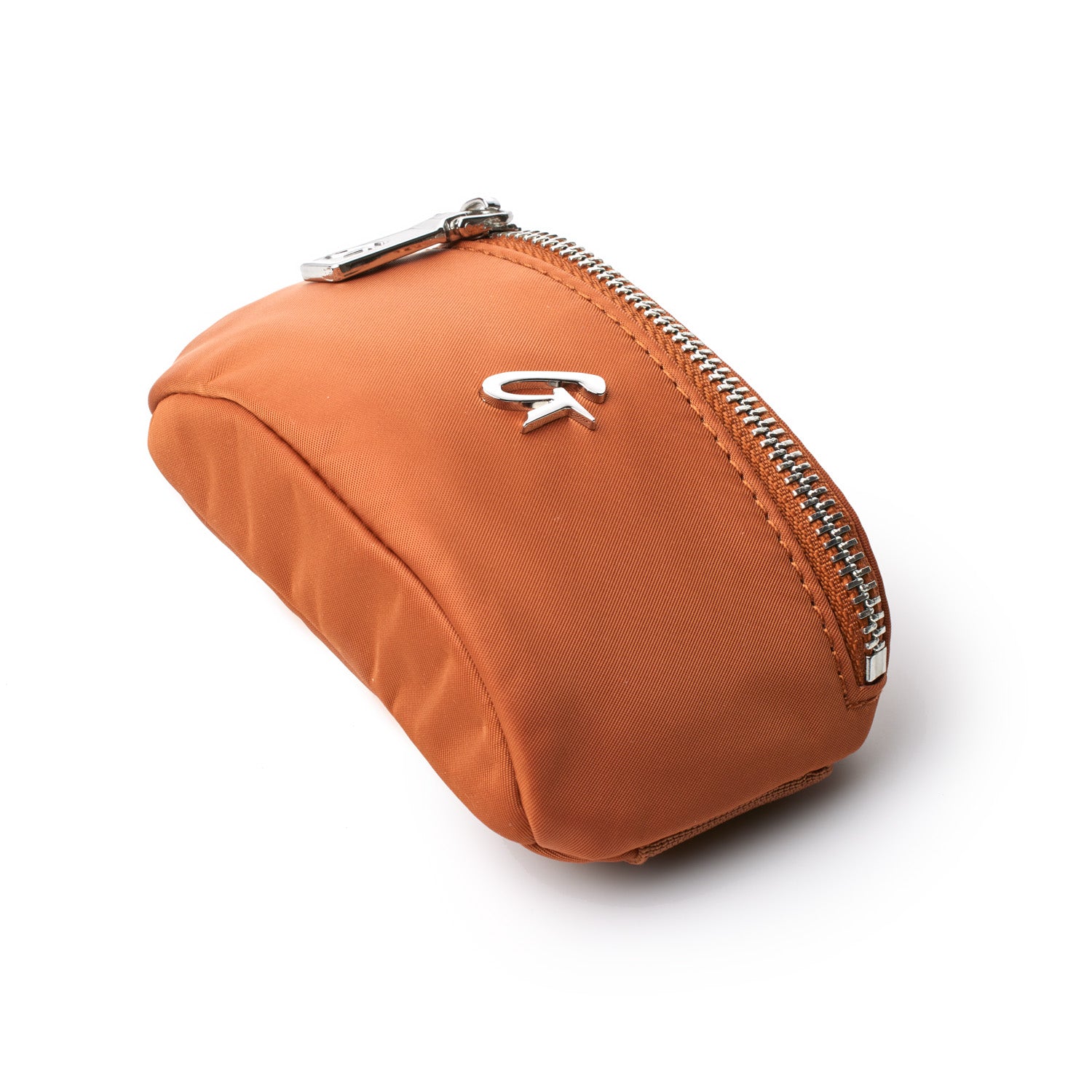 Brown nylon wristlet with silver zipper and logo, perfect for stylish organization on the go.