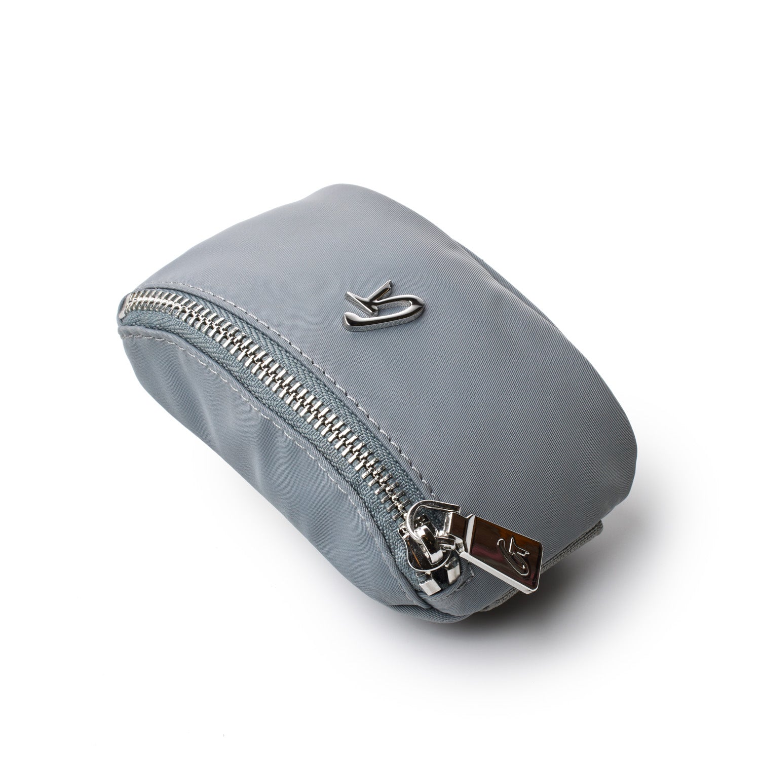 Gray nylon wristlet with a sleek design and silver zipper, perfect for carrying essentials stylishly.
