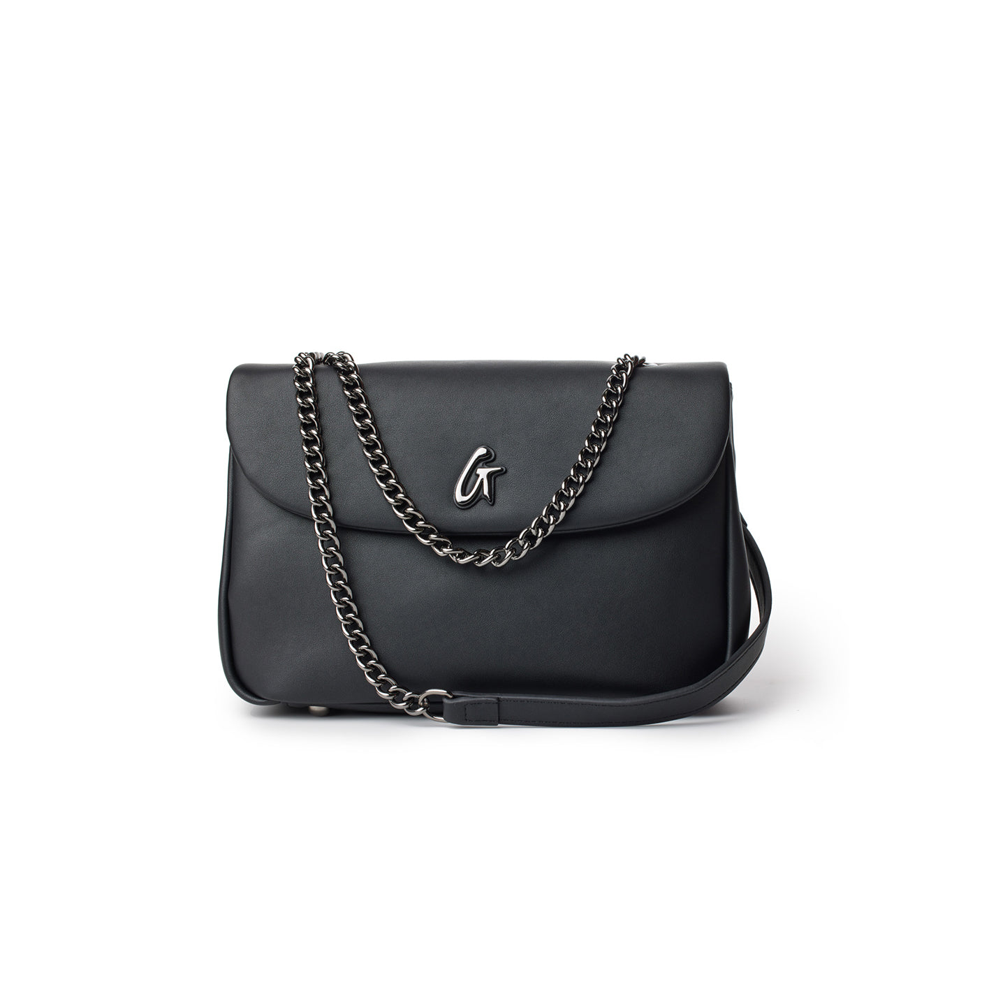 Medium black leather flap bag with chain strap and silver-tone logo detail on front.