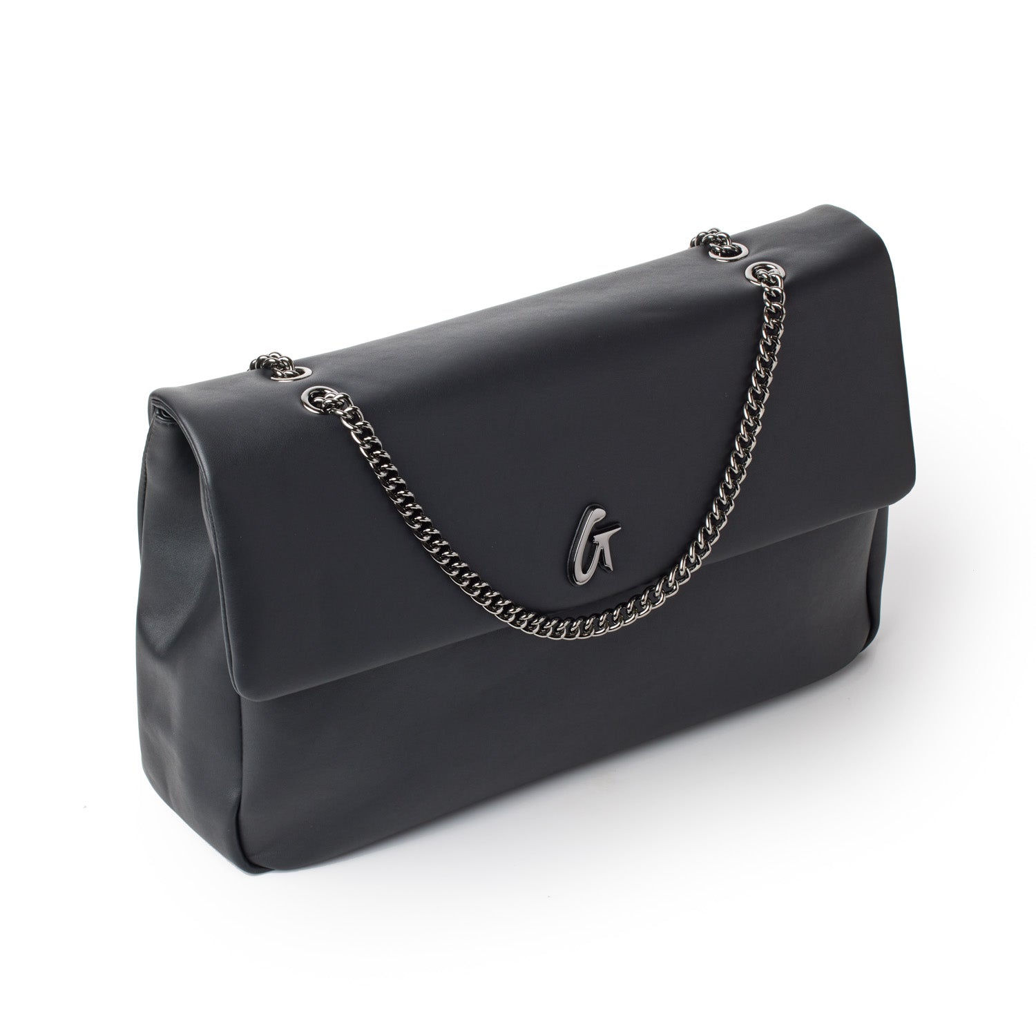 Black XL standard flap bag with a silver chain strap and logo detail, stylish and spacious for everyday use.