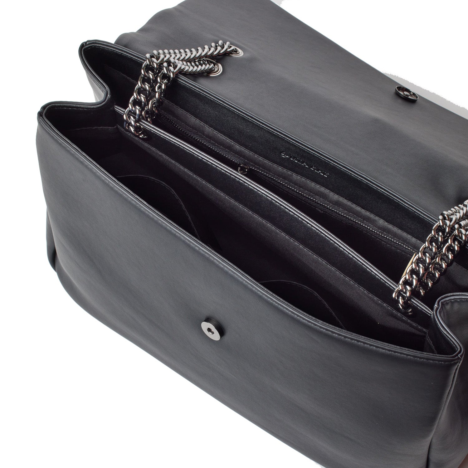 Open black XL standard flap bag with chain straps, interior compartments, and zipper pocket for organization.