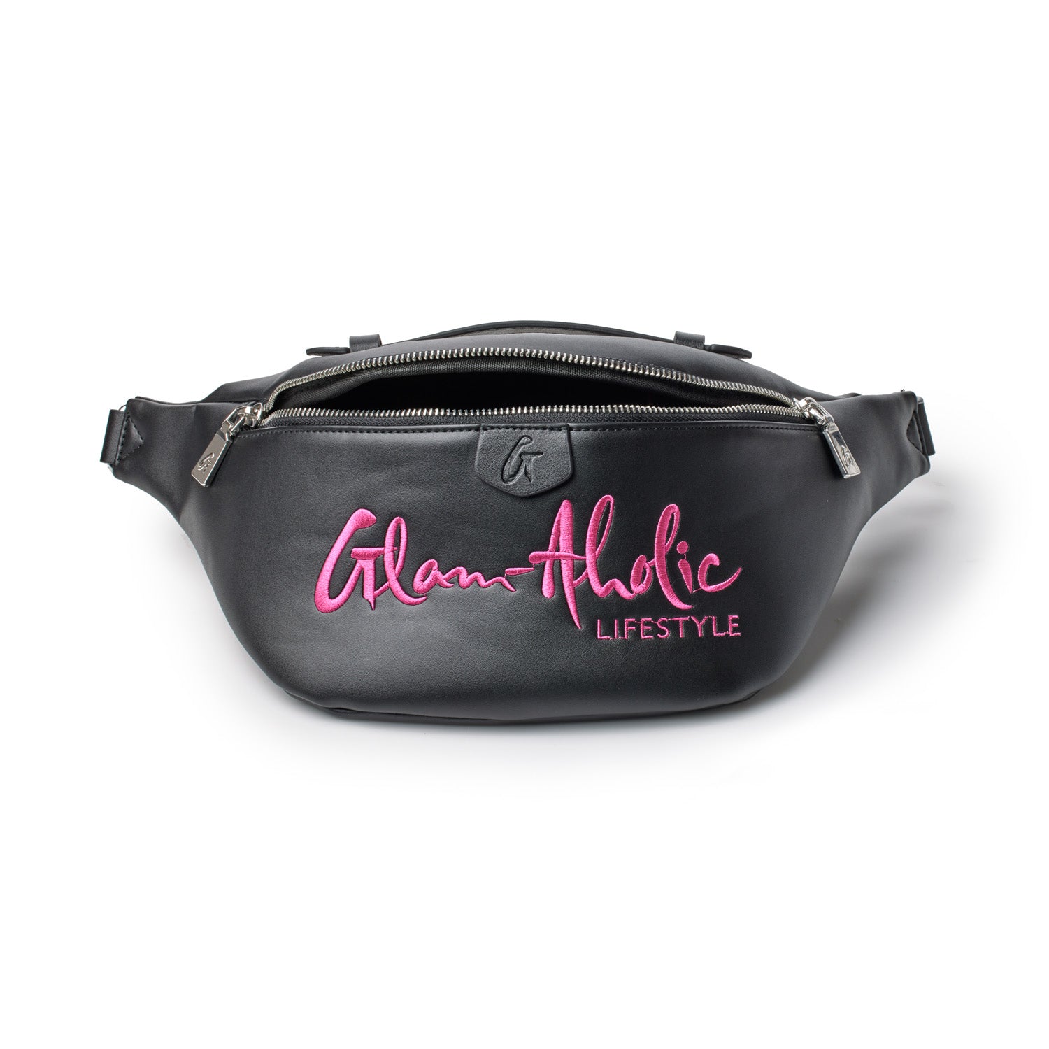 Black fanny pack with pink embroidered "Glam-Aholic Lifestyle" logo, zipper closure, and adjustable strap.