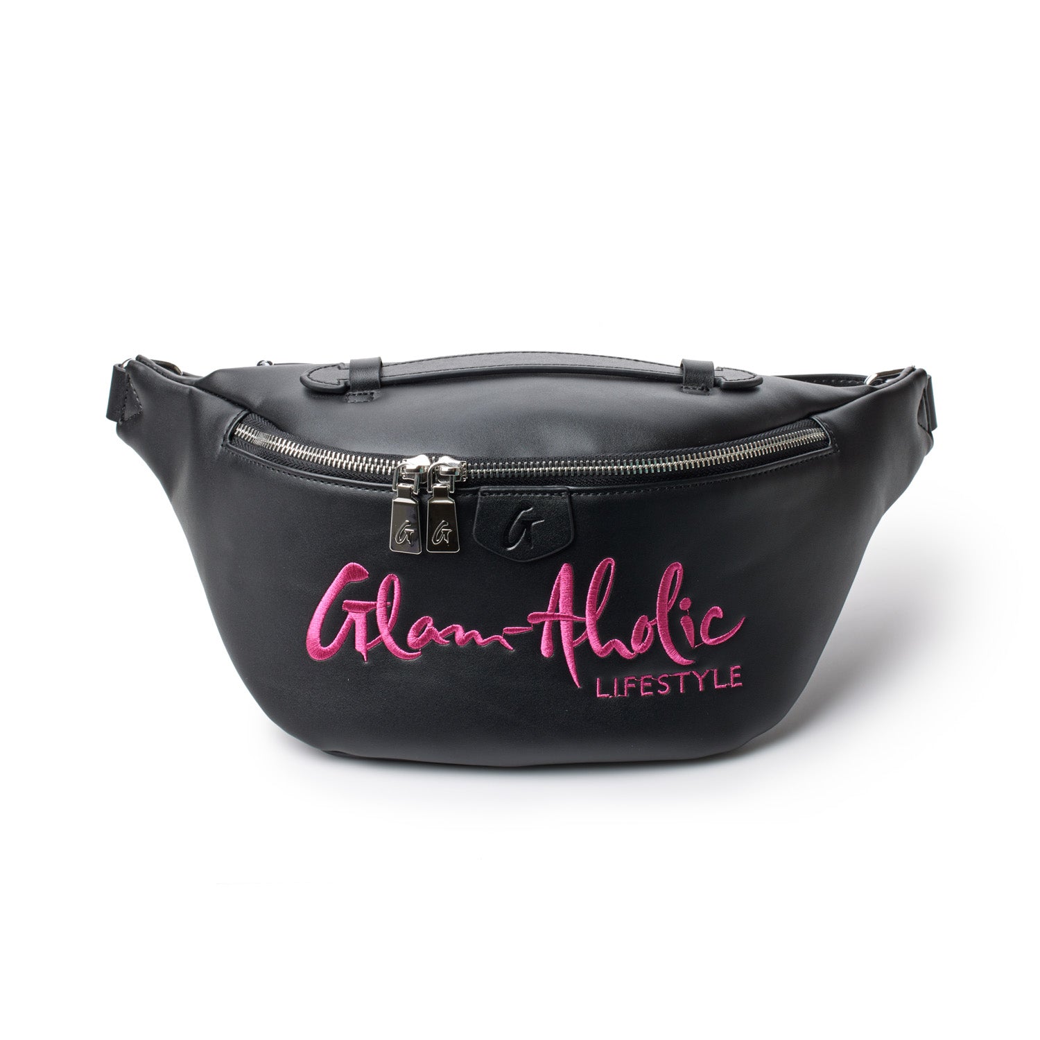 Black fanny pack with pink embroidered "Glam-Aholic Lifestyle" logo, silver zipper, and adjustable strap.