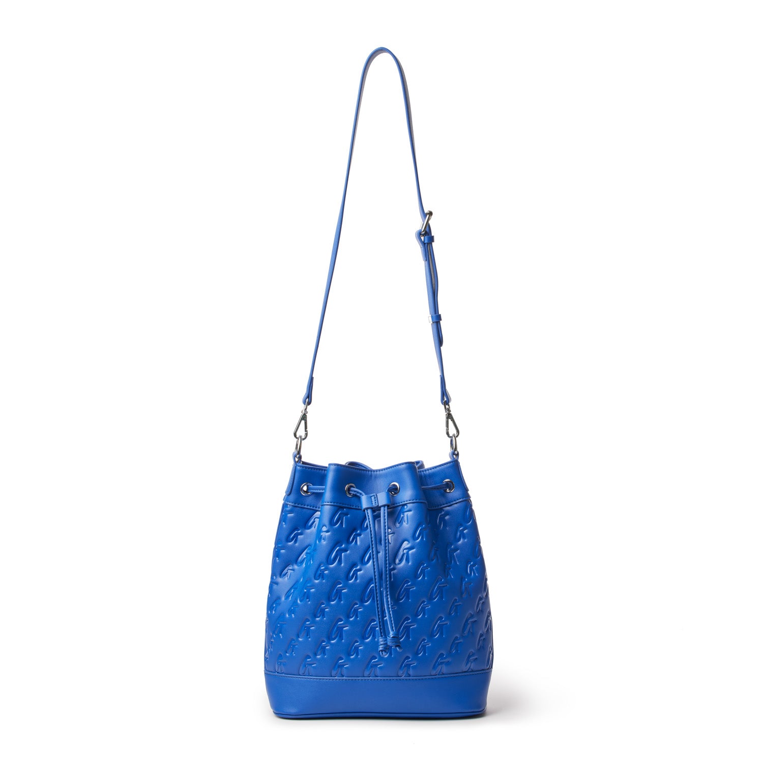 Large blue monogram bucket bag featuring a drawstring closure and adjustable shoulder strap for stylish versatility.